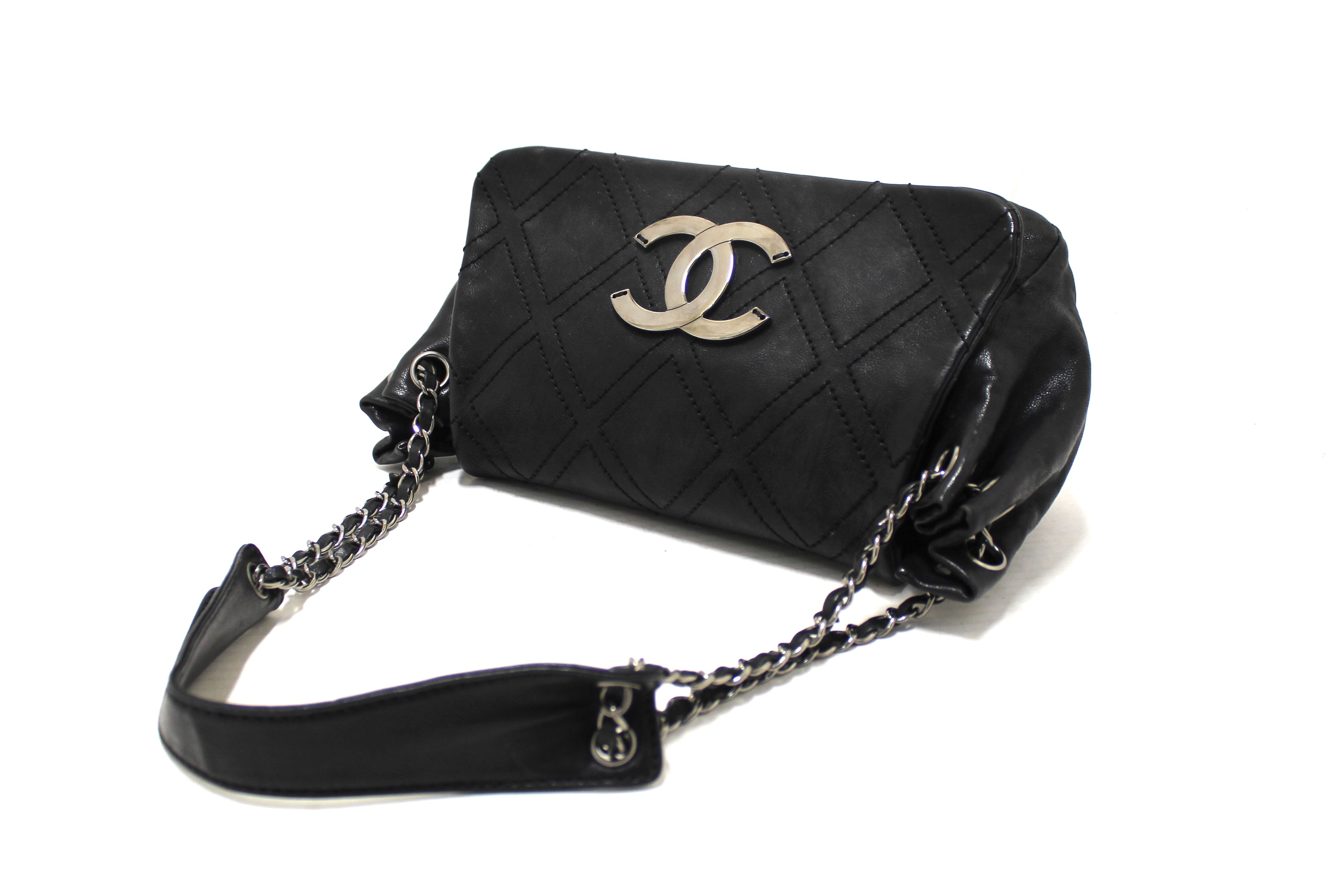 Authentic Chanel Black Diamond Stitch Accordion Flap Shoulder Bag