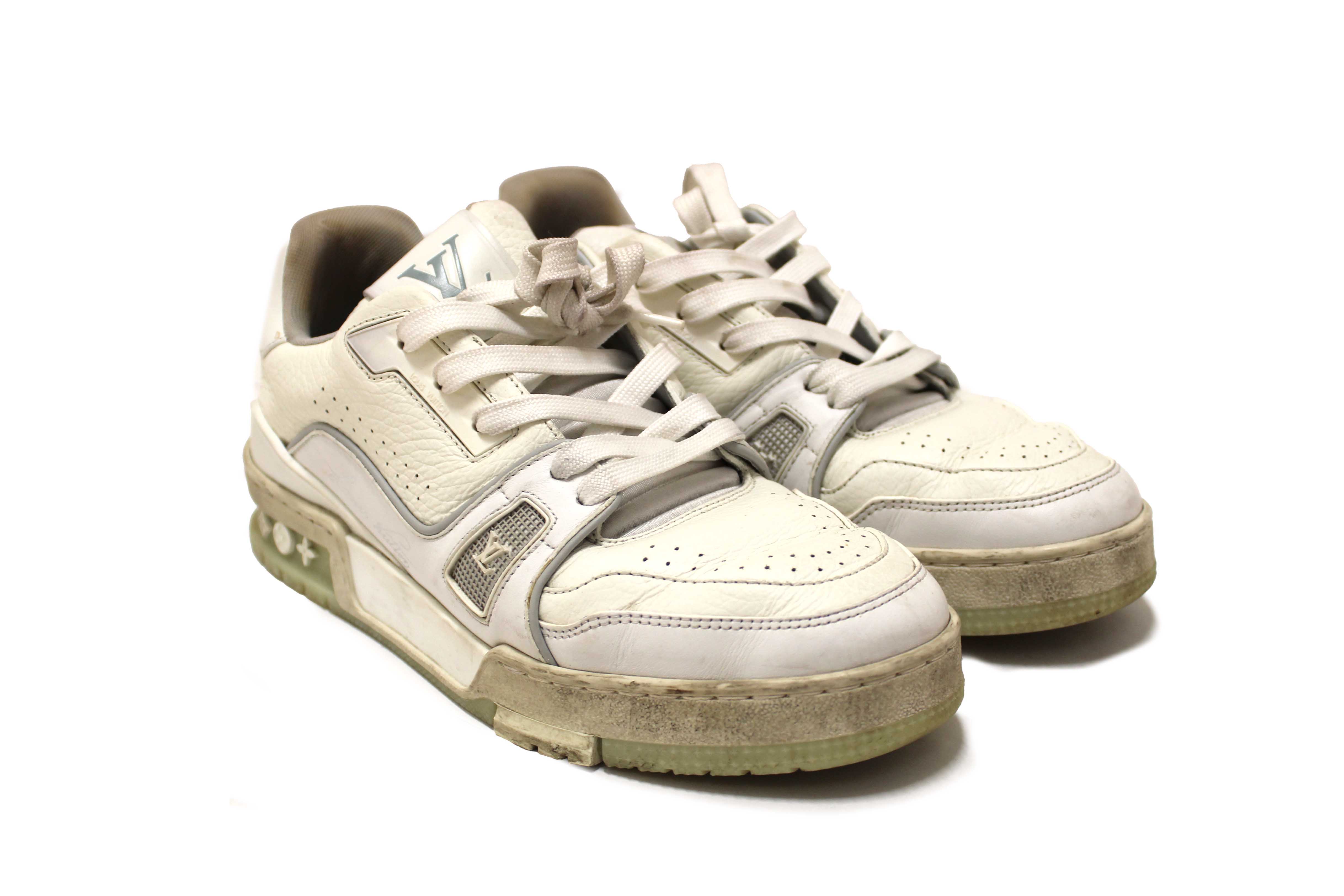 Authentic Louis Vuitton White Calfskin Mens LV Trainer Sneakers 38