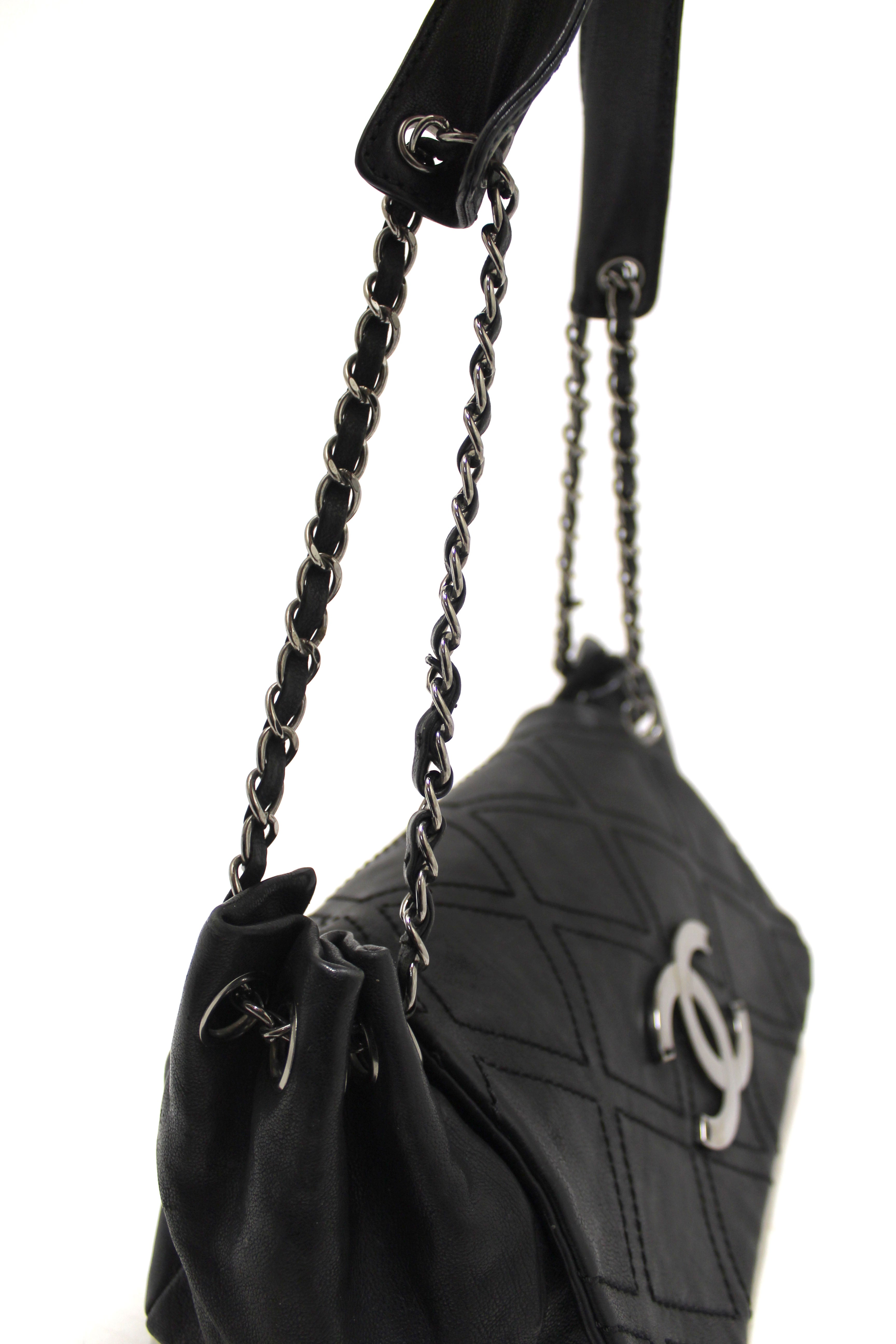 Authentic Chanel Black Diamond Stitch Accordion Flap Shoulder Bag