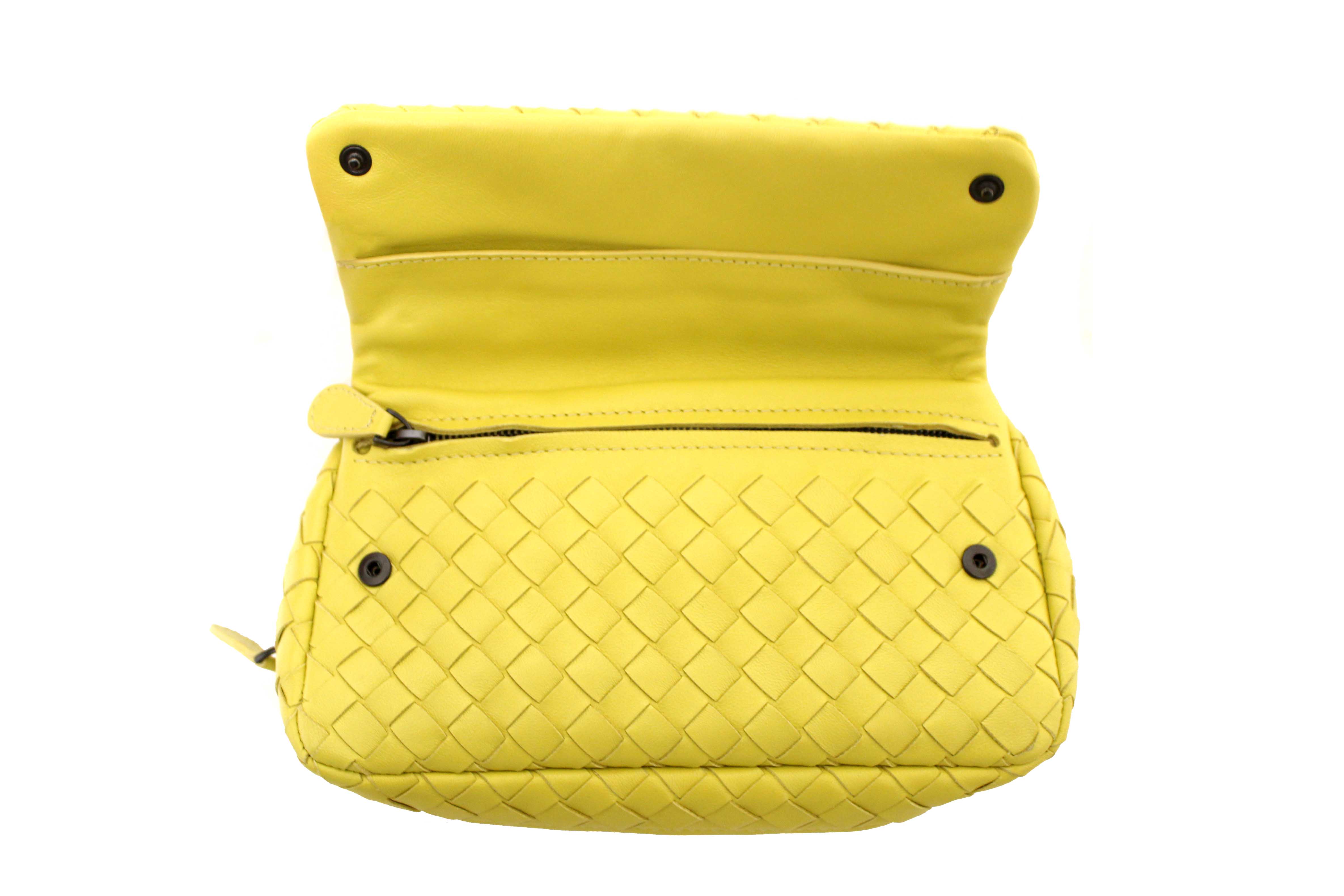 Authentic Bottega Veneta Yellow Nappa Intrecciato Leather Small Messenger Bag