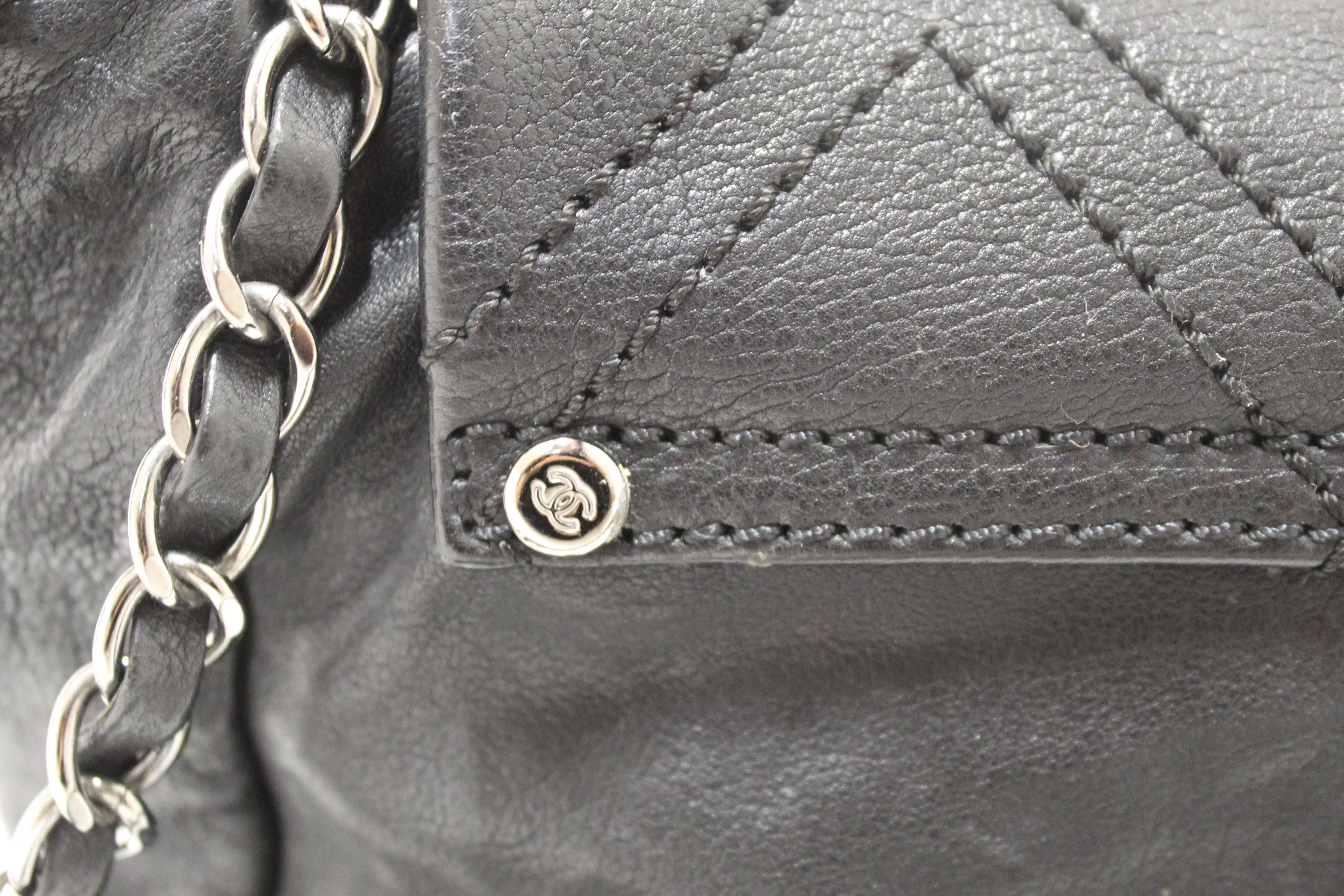 Authentic Chanel Black Diamond Stitch Accordion Flap Shoulder Bag