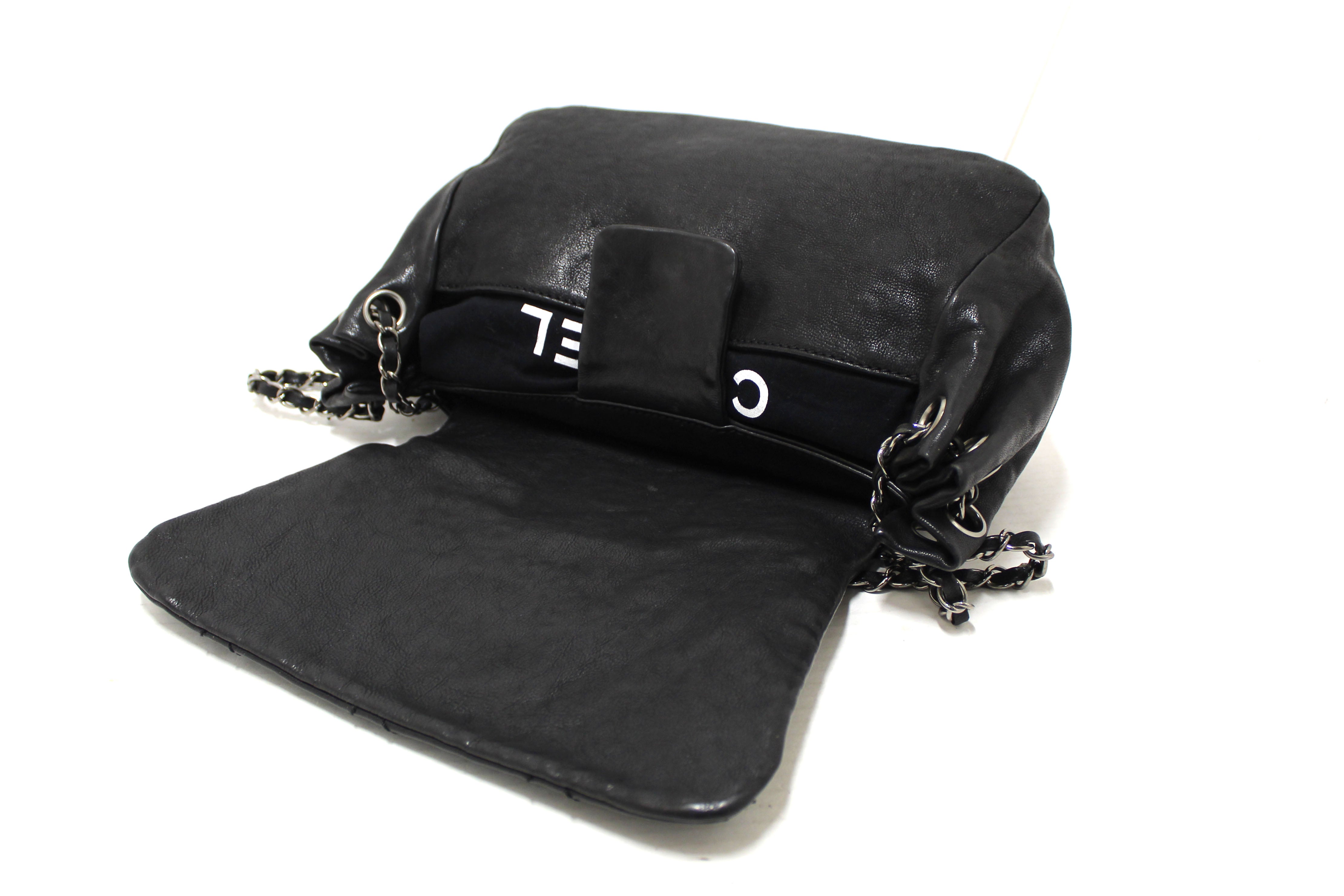 Authentic Chanel Black Diamond Stitch Accordion Flap Shoulder Bag
