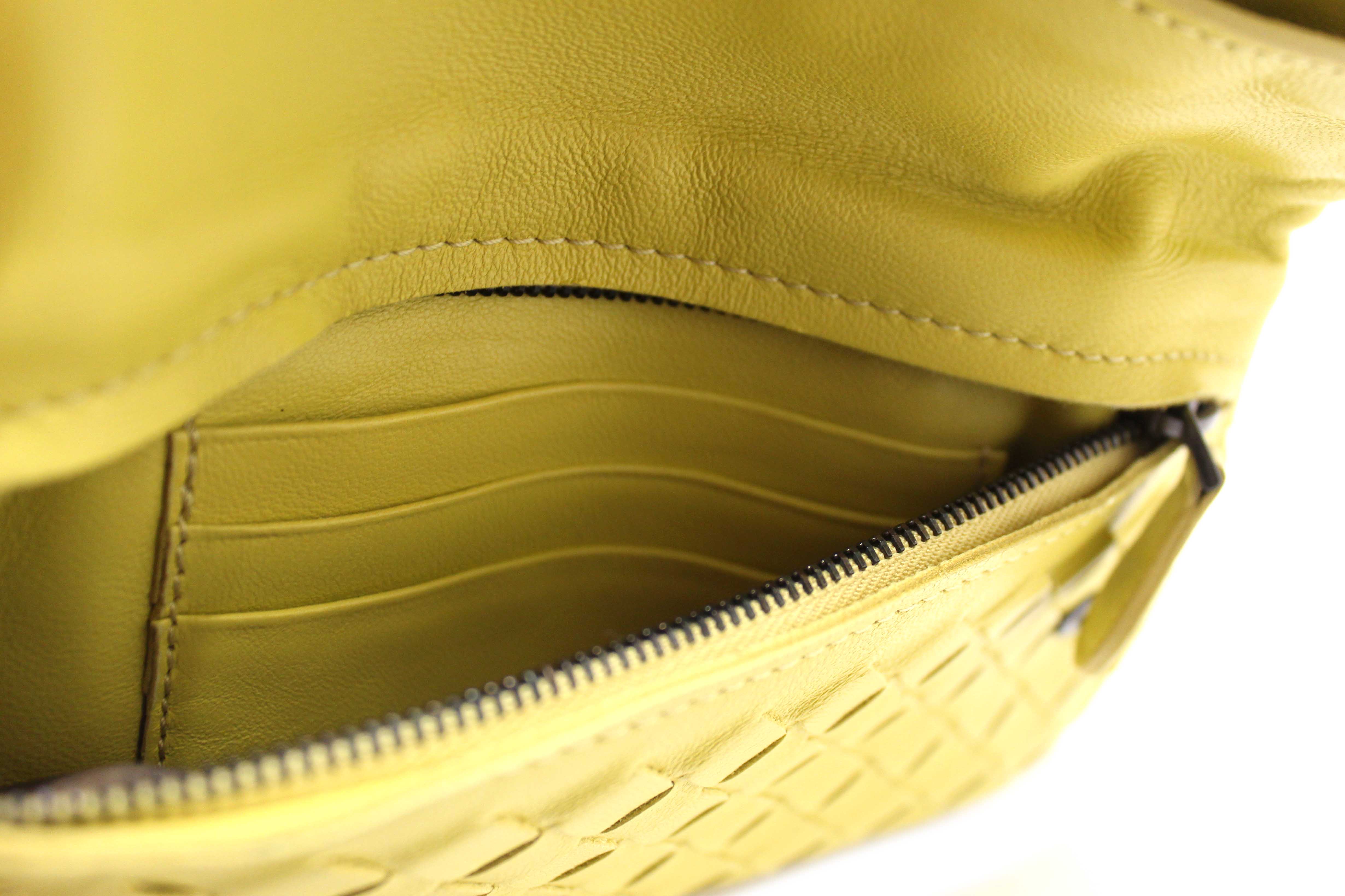 Authentic Bottega Veneta Yellow Nappa Intrecciato Leather Small Messenger Bag