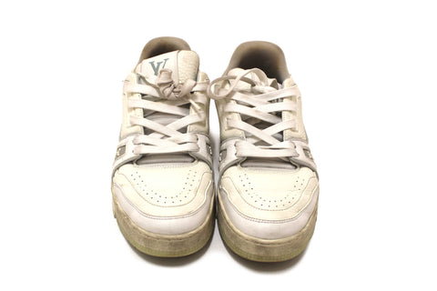 Authentic Louis Vuitton White Calfskin Mens LV Trainer Sneakers 38