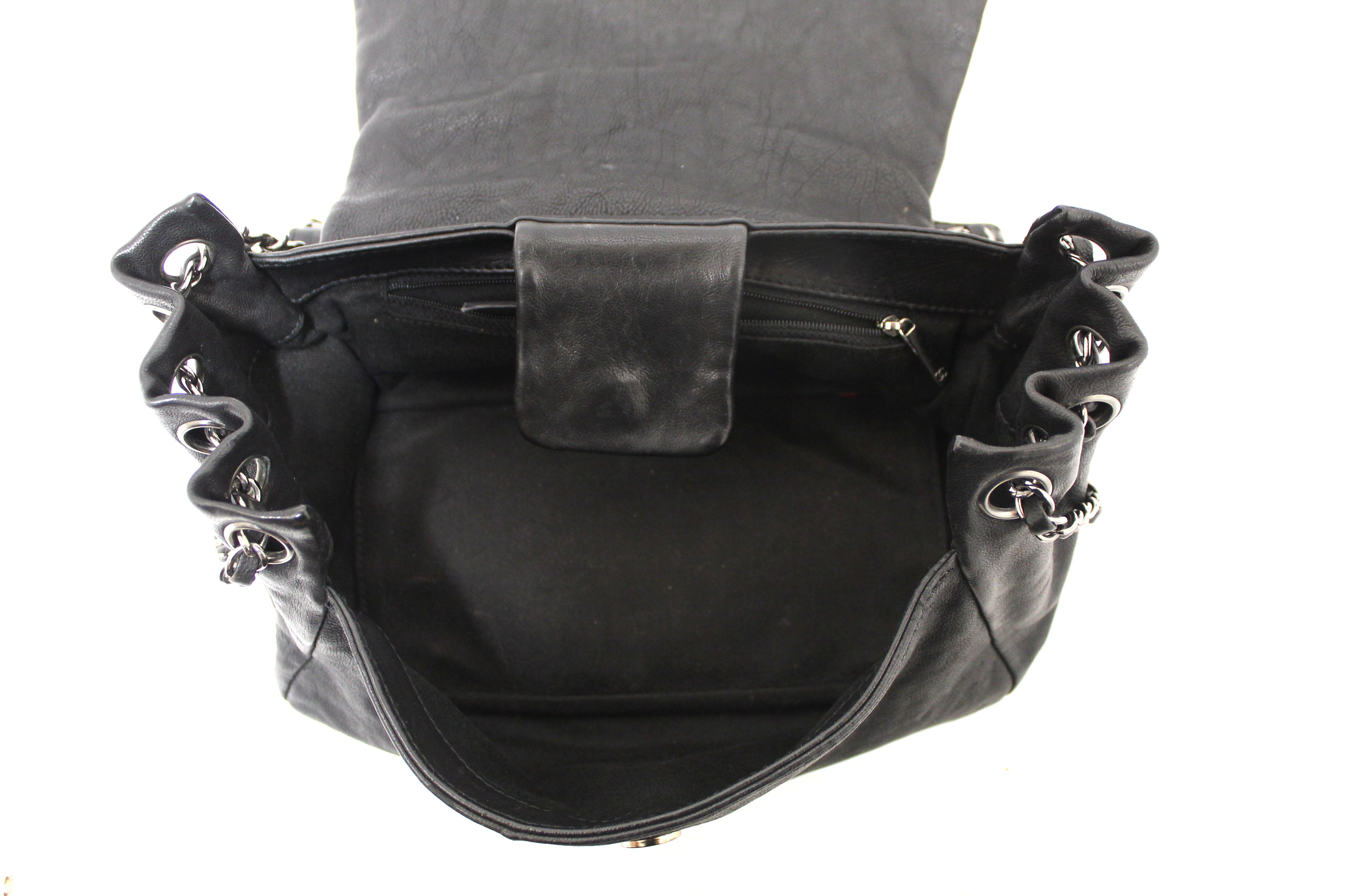 Authentic Chanel Black Diamond Stitch Accordion Flap Shoulder Bag