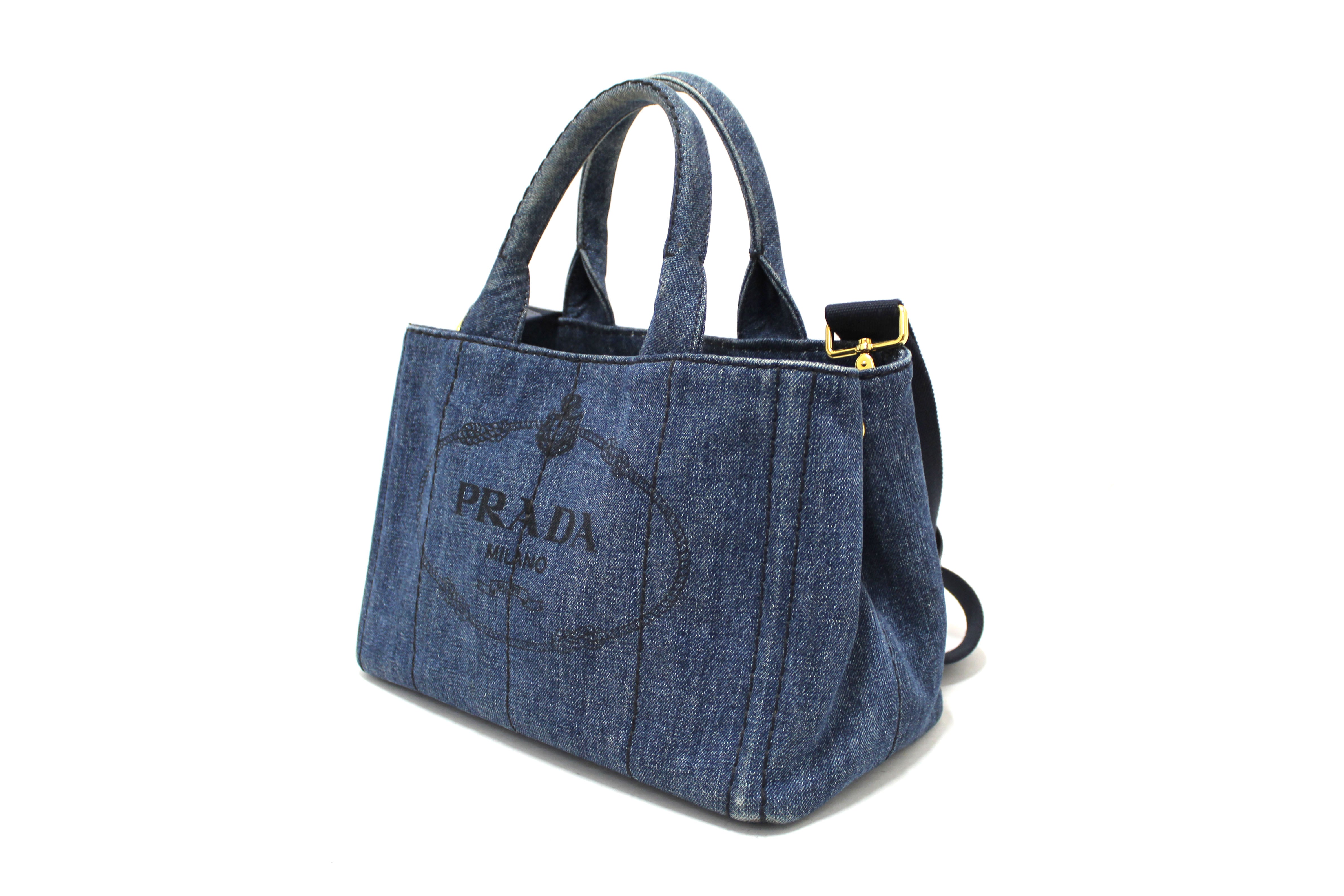 Authentic Prada Blue Denim Small Canapa Canvas Tote Bag With Long Strap