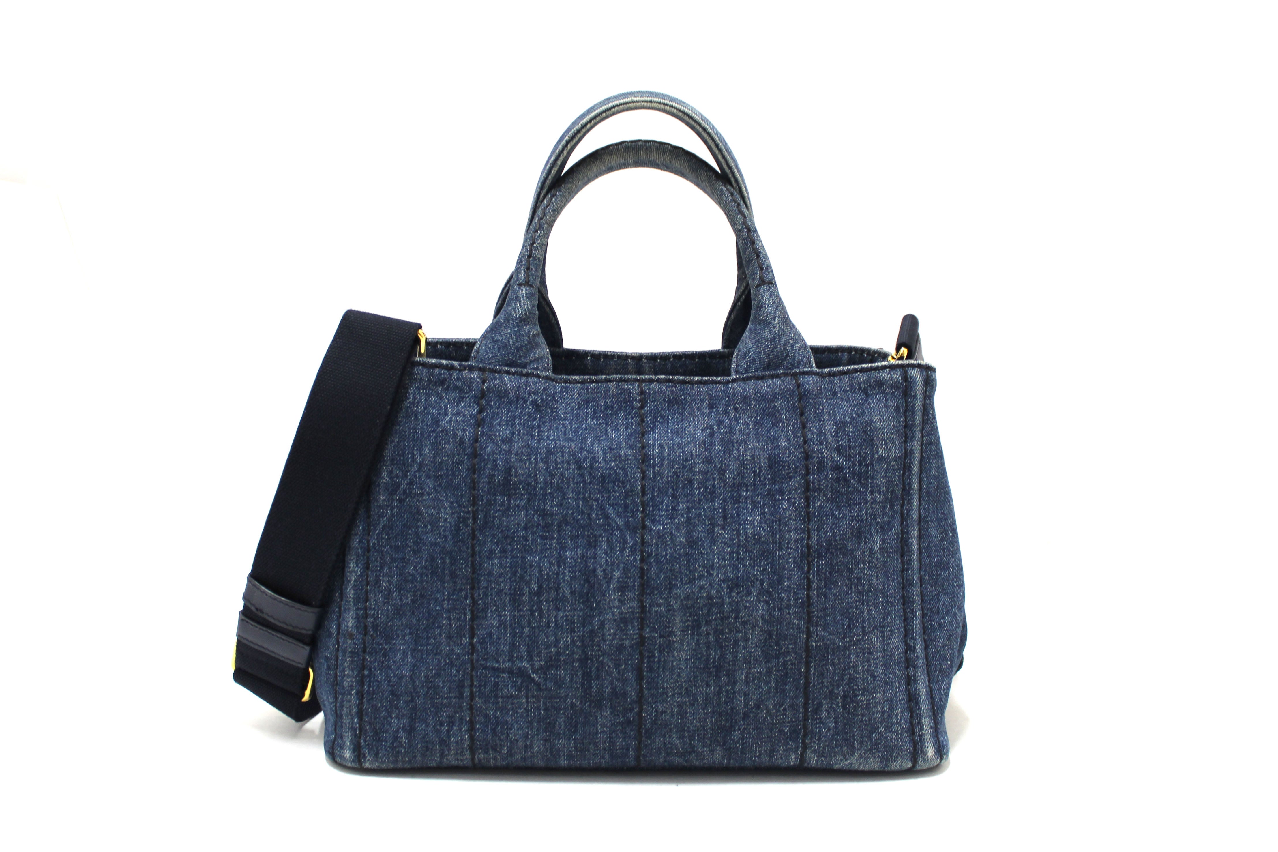 Authentic Prada Blue Denim Small Canapa Canvas Tote Bag With Long Strap