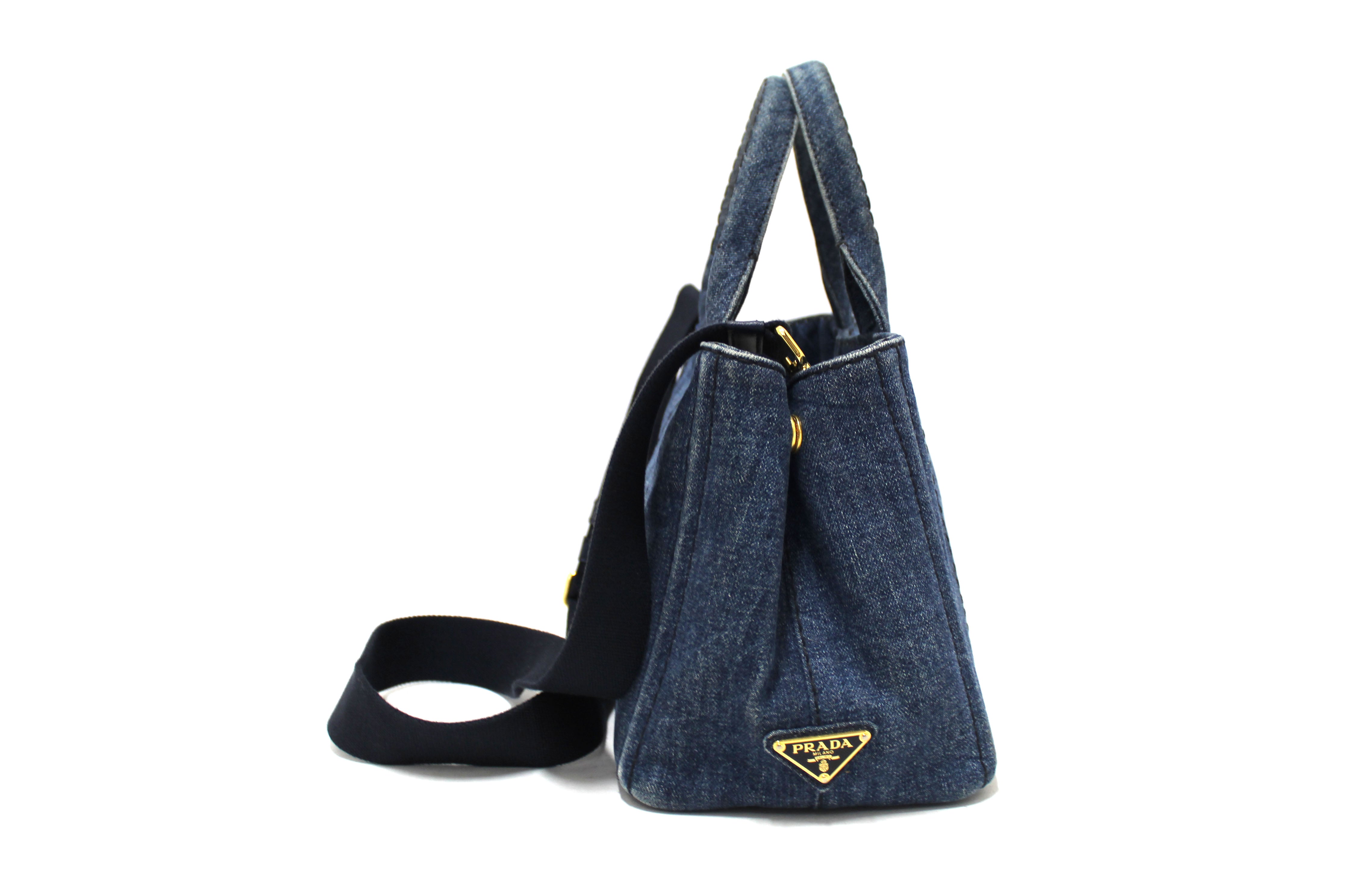 Authentic Prada Blue Denim Small Canapa Canvas Tote Bag With Long Strap