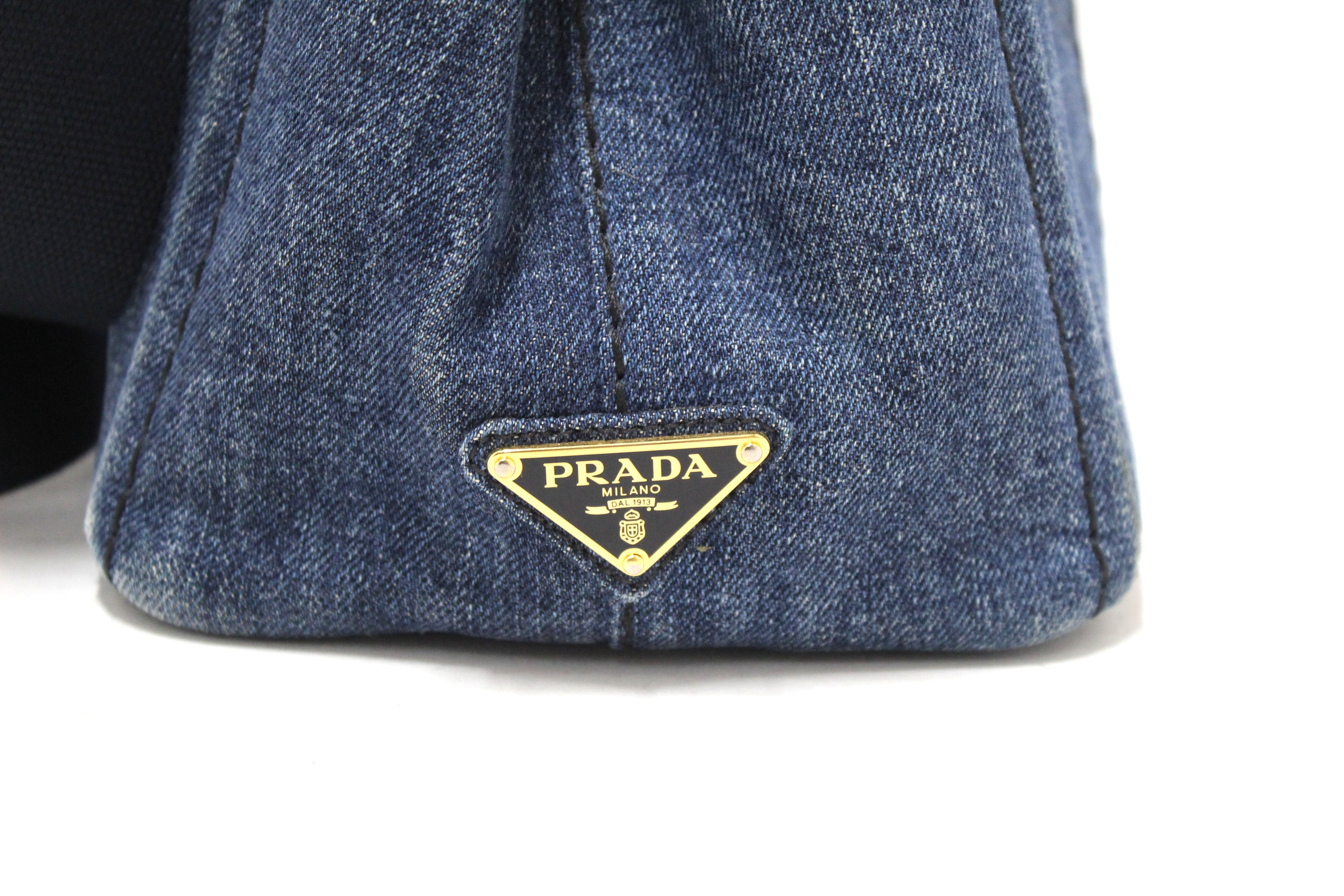 Authentic Prada Blue Denim Small Canapa Canvas Tote Bag With Long Strap