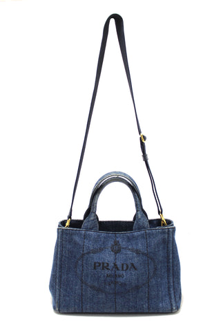 Authentic Prada Blue Denim Small Canapa Canvas Tote Bag With Long Strap