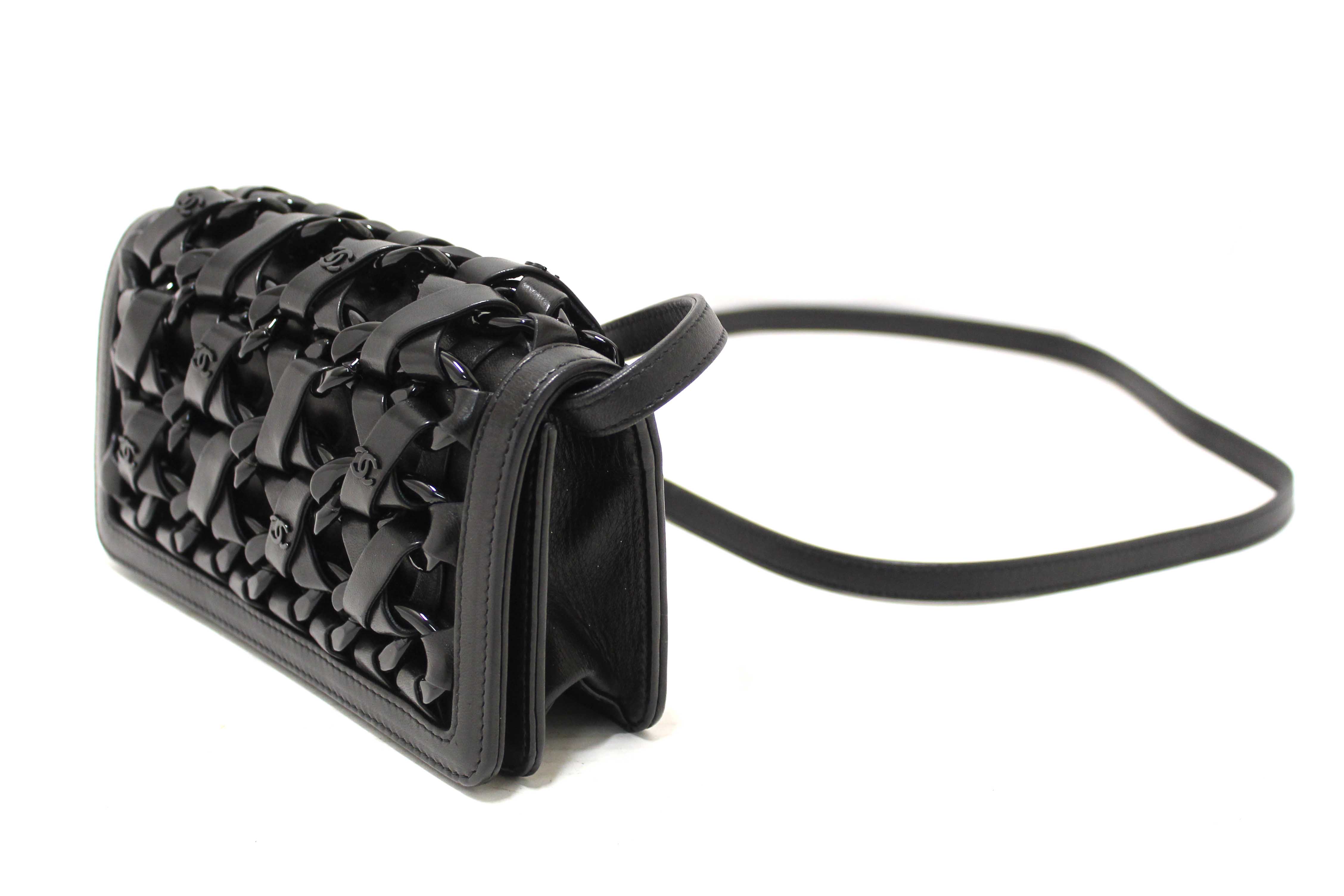 Authentic Chanel Interlaced Chain Strap Braided Black Lambskin Leather and Resin Mini Clutch