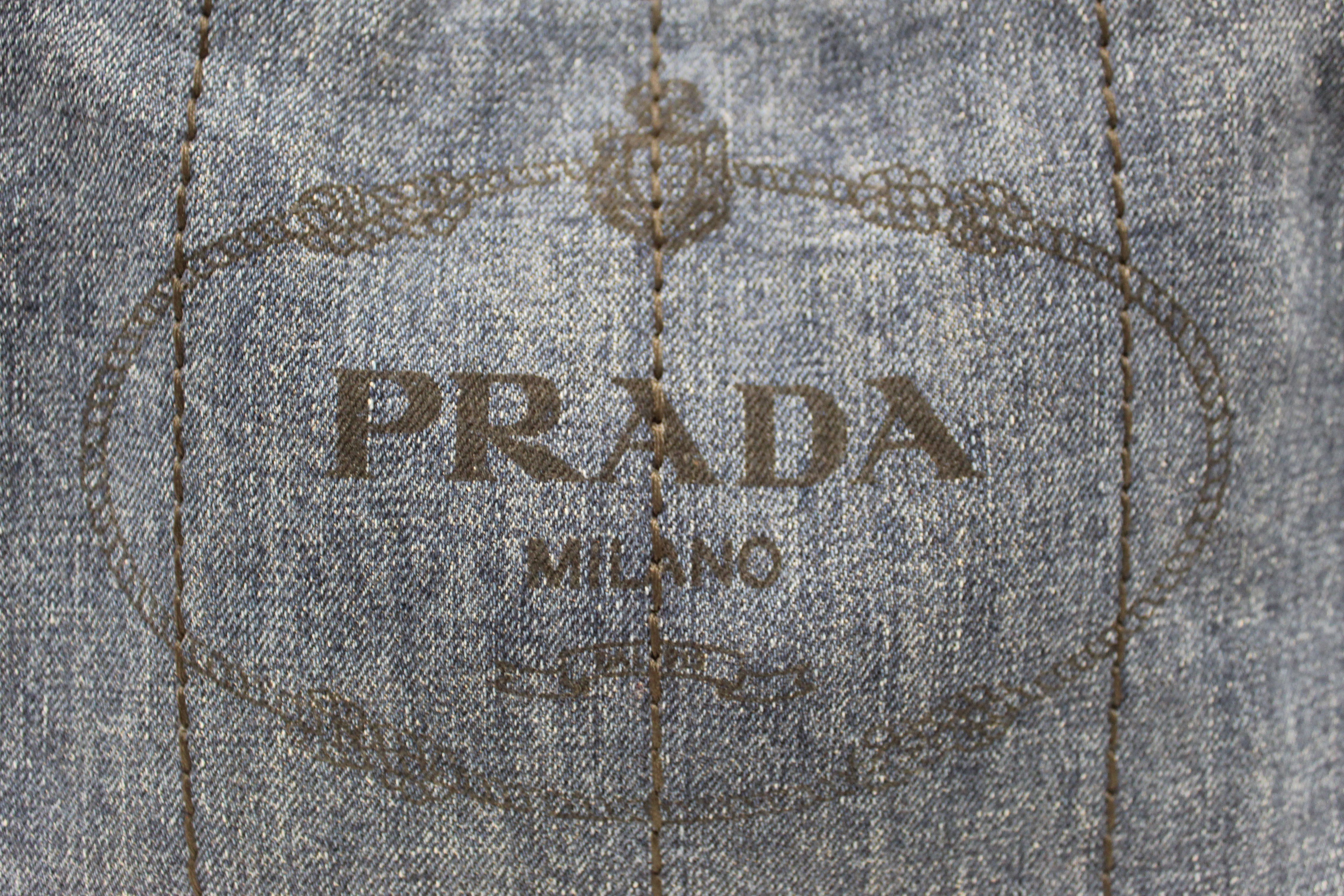 Authentic Prada Blue Denim Small Canapa Canvas Tote Bag With Long Strap