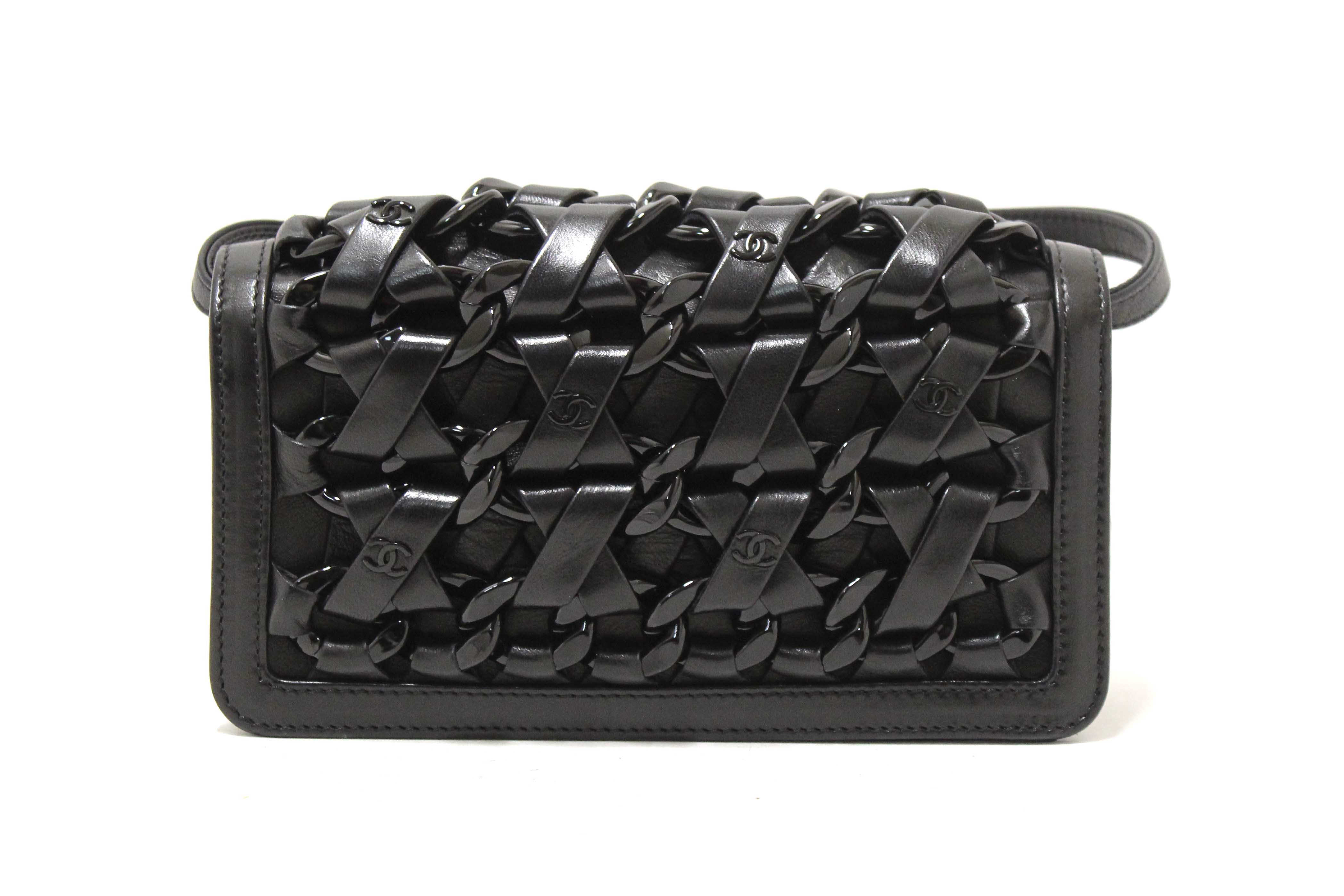 Authentic Chanel Interlaced Chain Strap Braided Black Lambskin Leather and Resin Mini Clutch