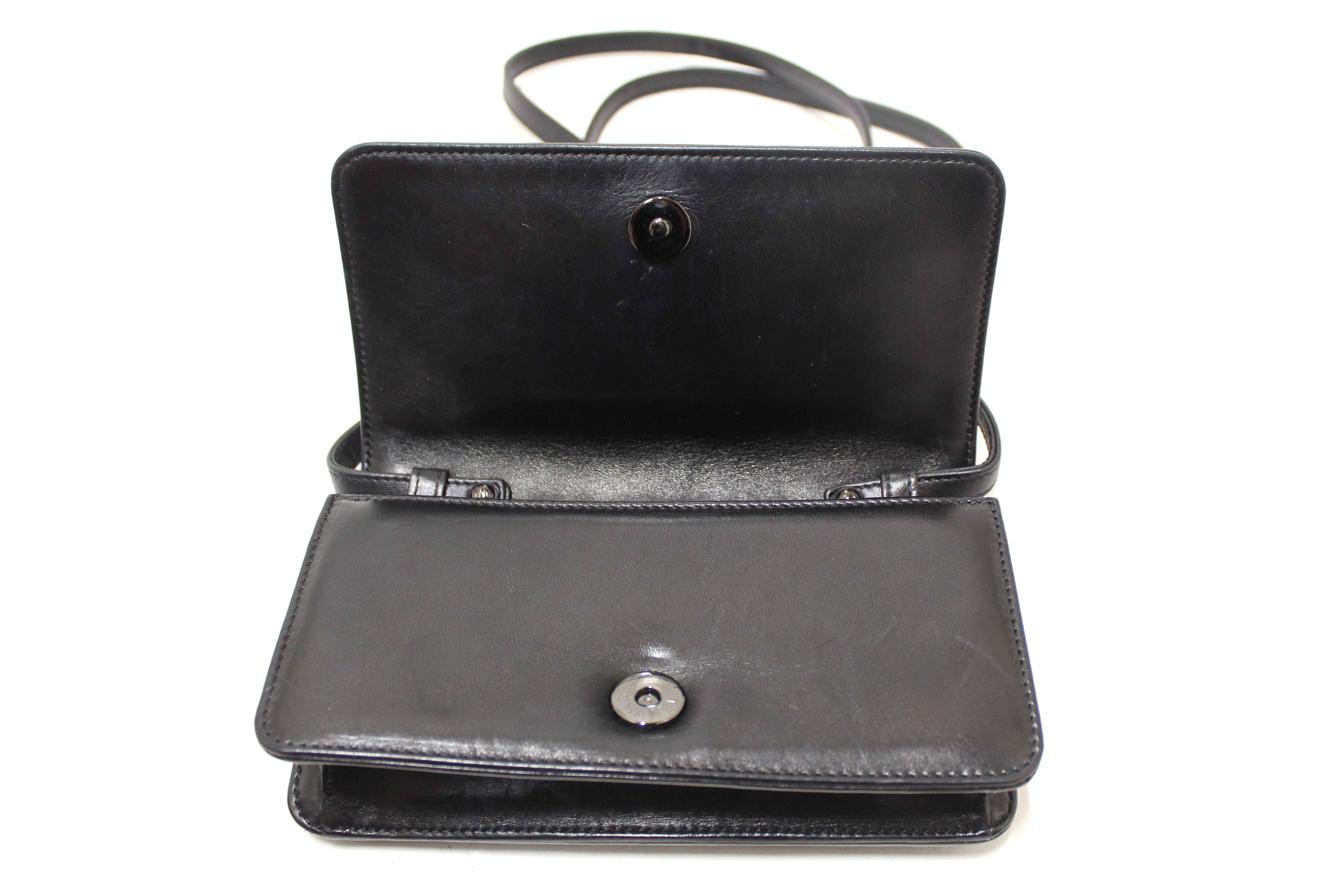 Authentic Chanel Interlaced Chain Strap Braided Black Lambskin Leather and Resin Mini Clutch