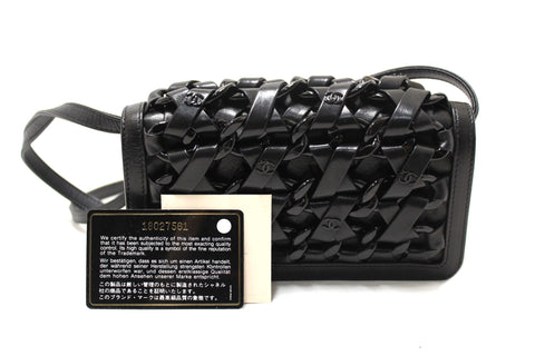 Authentic Chanel Interlaced Chain Strap Braided Black Lambskin Leather and Resin Mini Clutch
