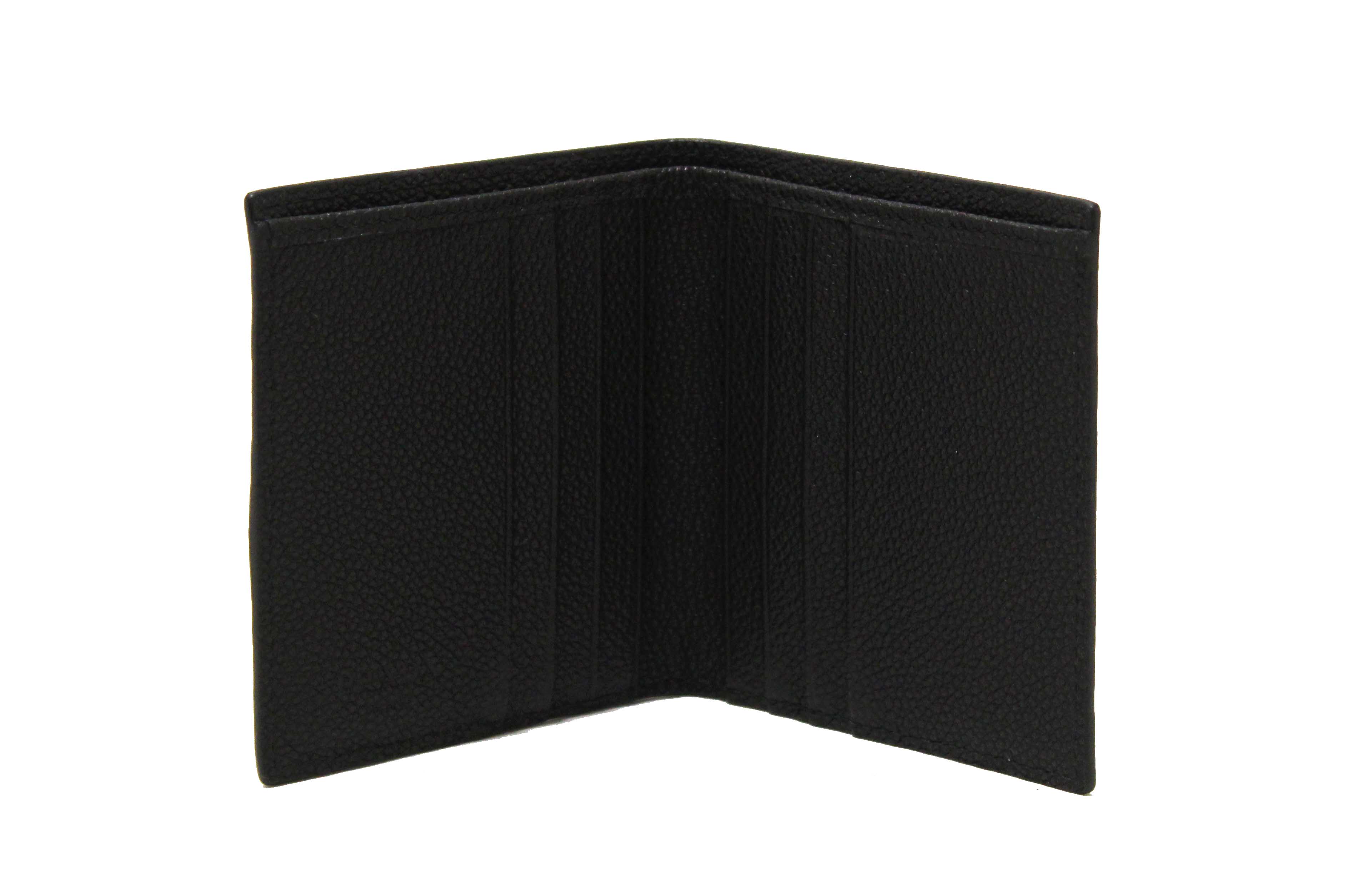 Authentic New Prada Black Calfskin Micro-Grained Leather Bifold Wallet