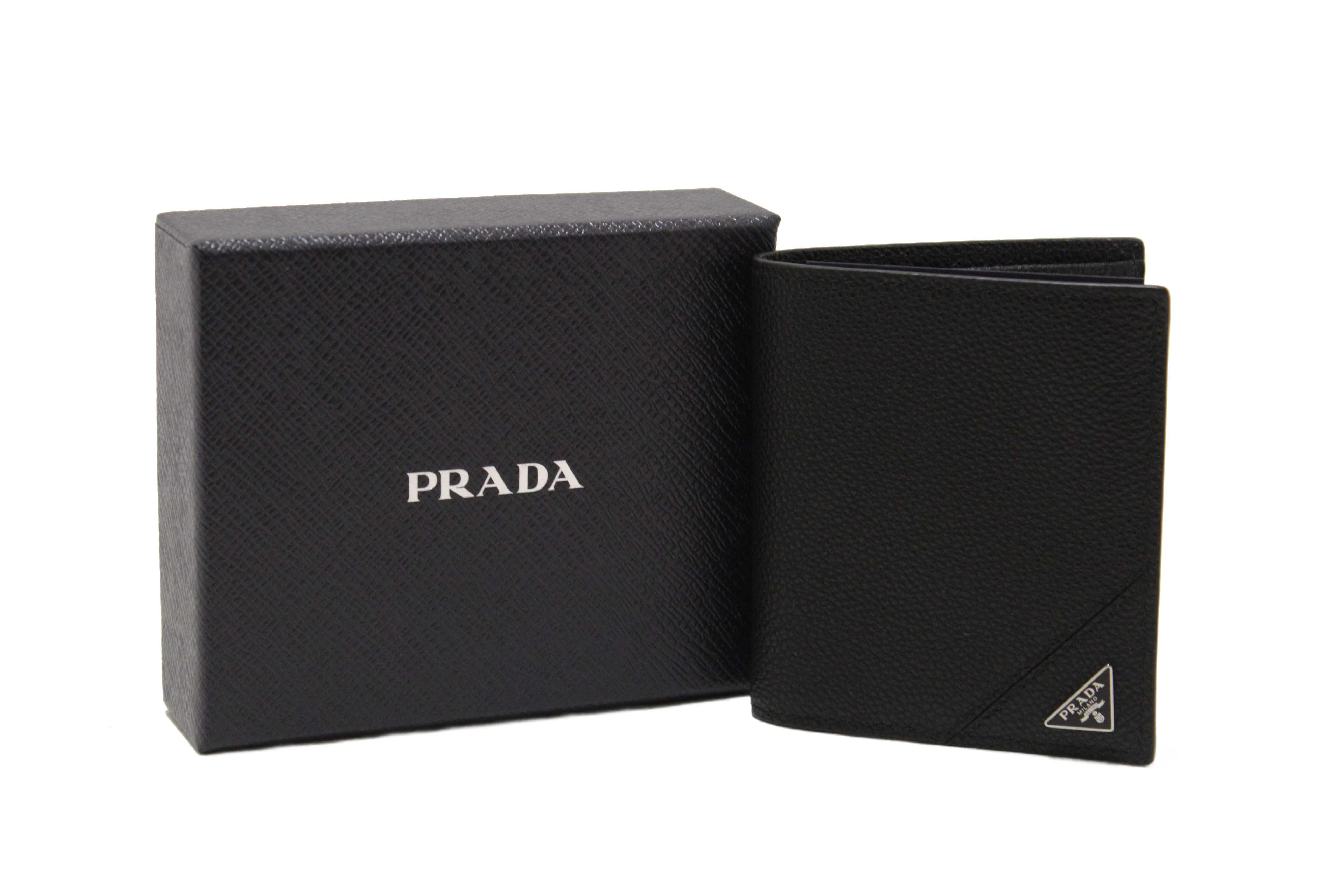 Authentic New Prada Black Calfskin Micro-Grained Leather Bifold Wallet
