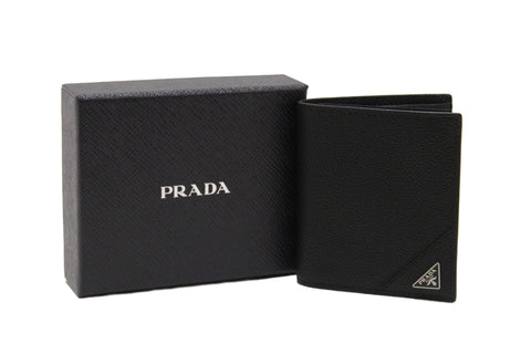 Authentic New Prada Black Calfskin Micro-Grained Leather Bifold Wallet