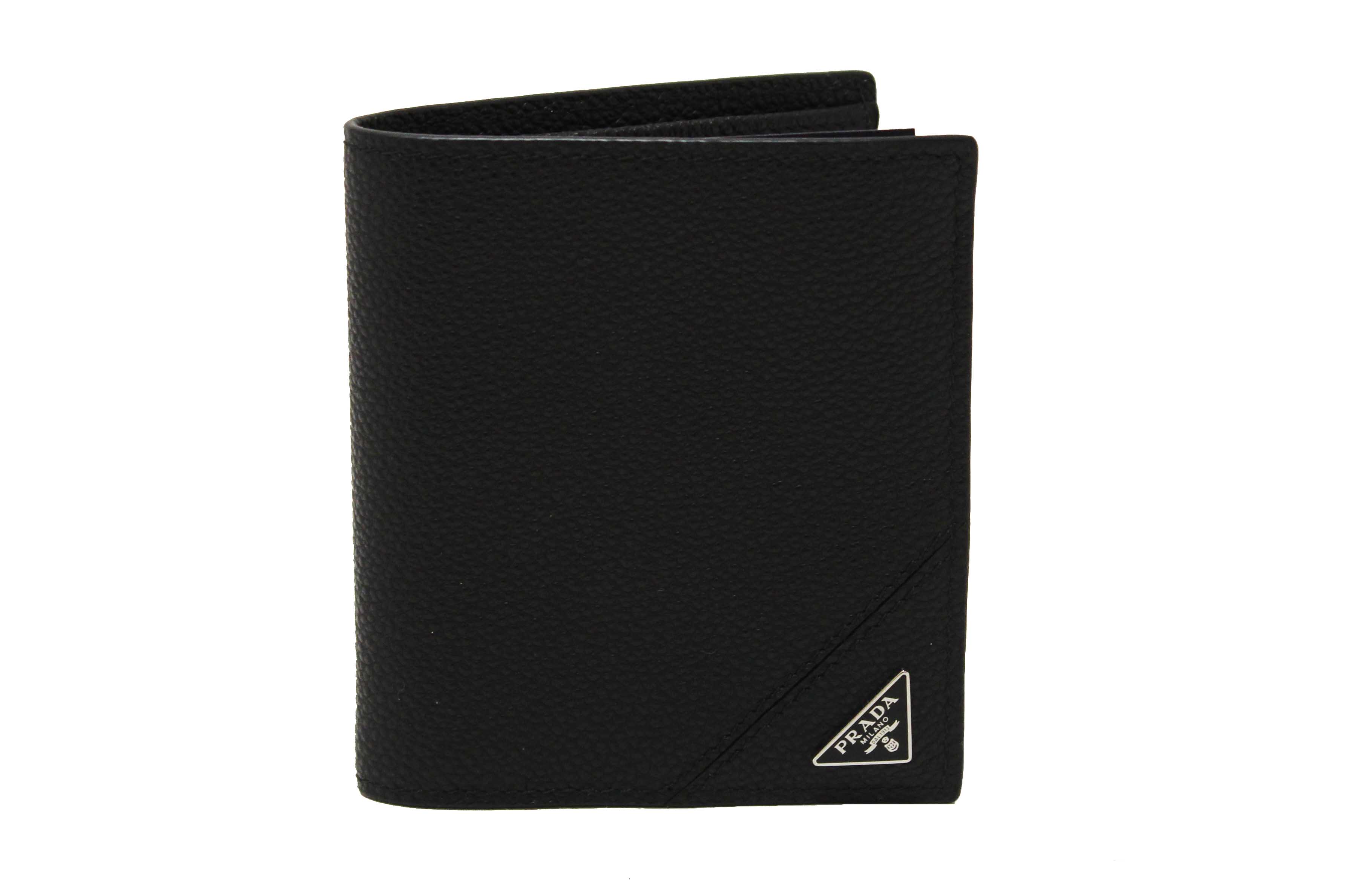 Authentic New Prada Black Calfskin Micro-Grained Leather Bifold Wallet