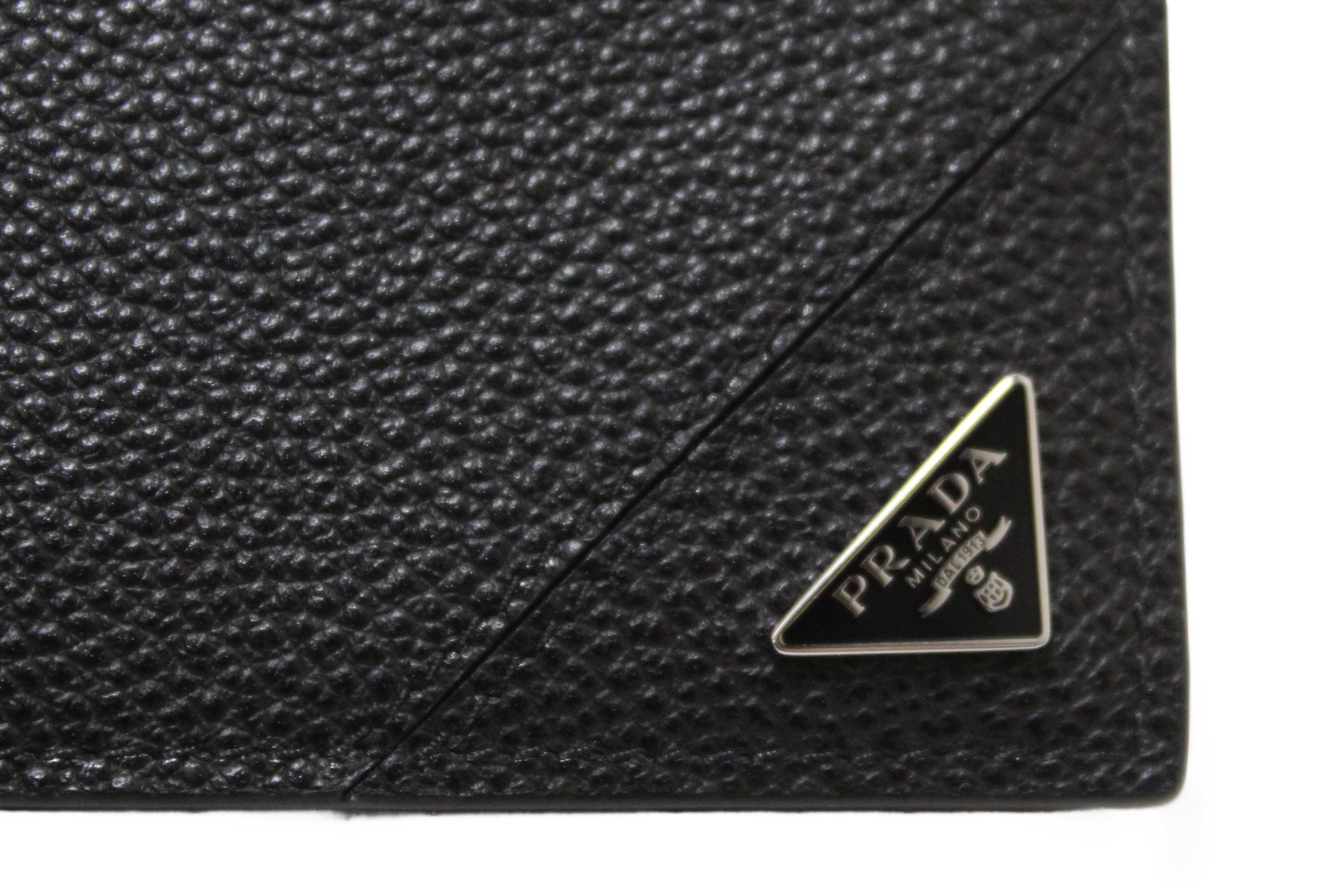 Authentic New Prada Black Calfskin Micro-Grained Leather Bifold Wallet