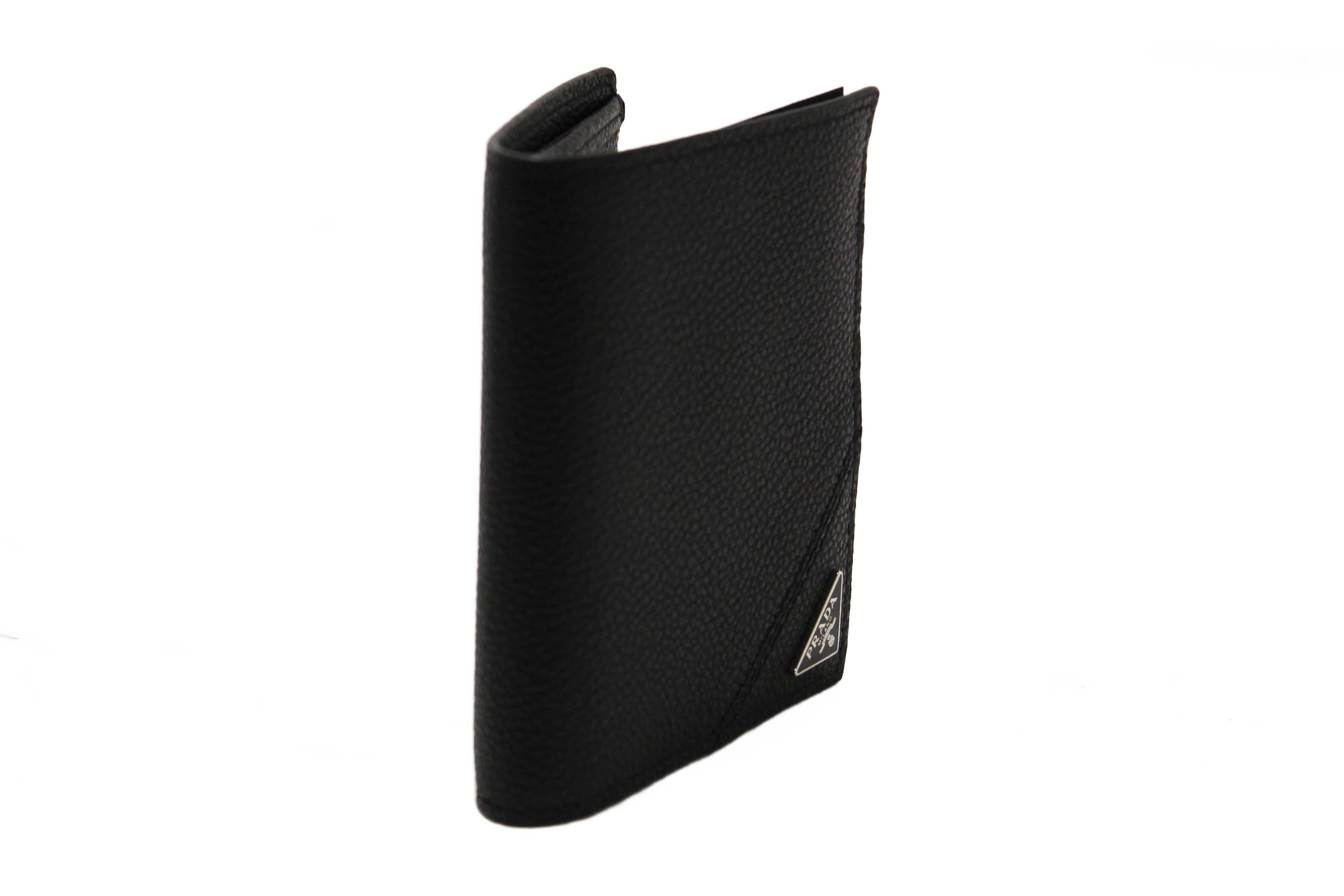 Authentic New Prada Black Calfskin Micro-Grained Leather Bifold Wallet