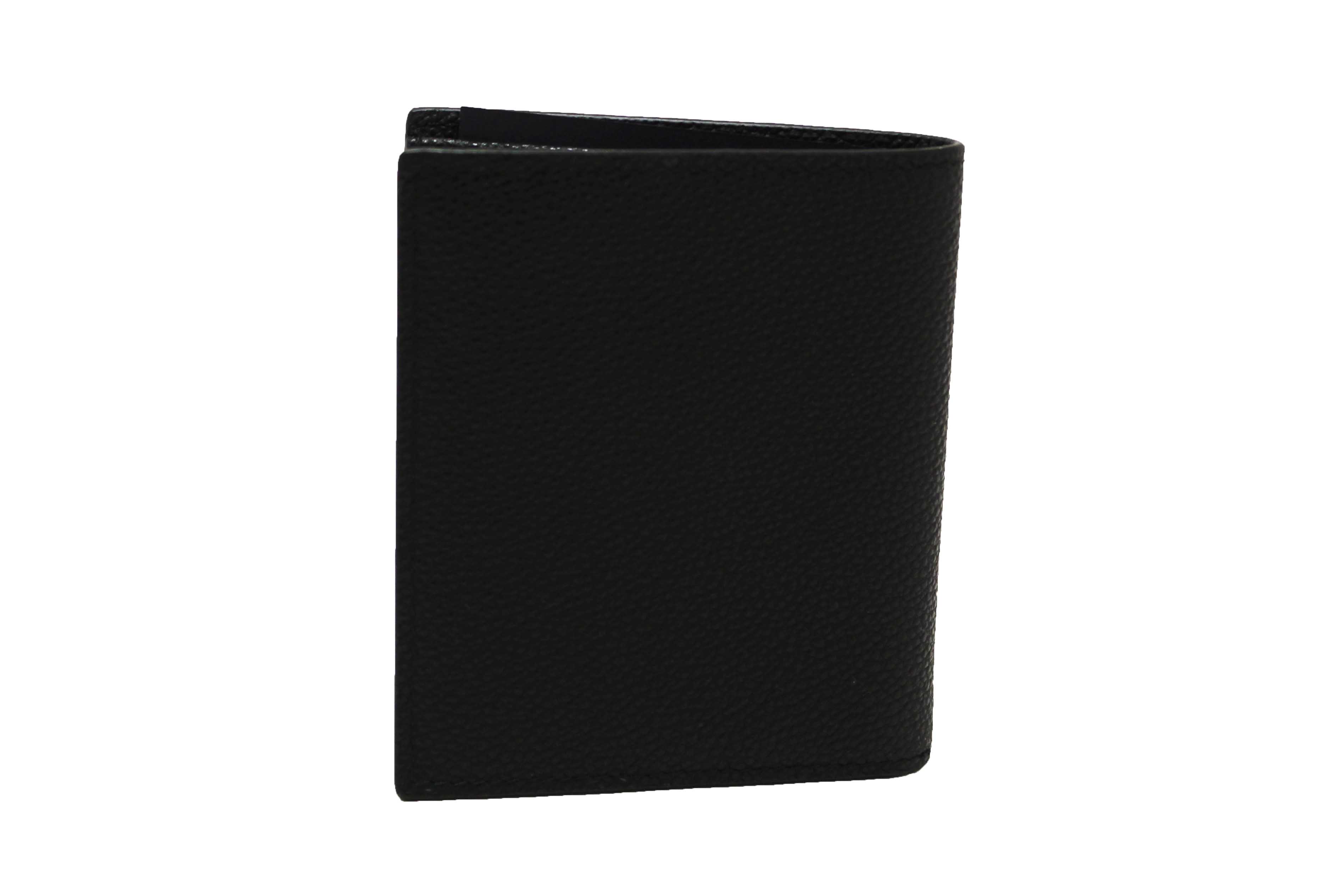Authentic New Prada Black Calfskin Micro-Grained Leather Bifold Wallet