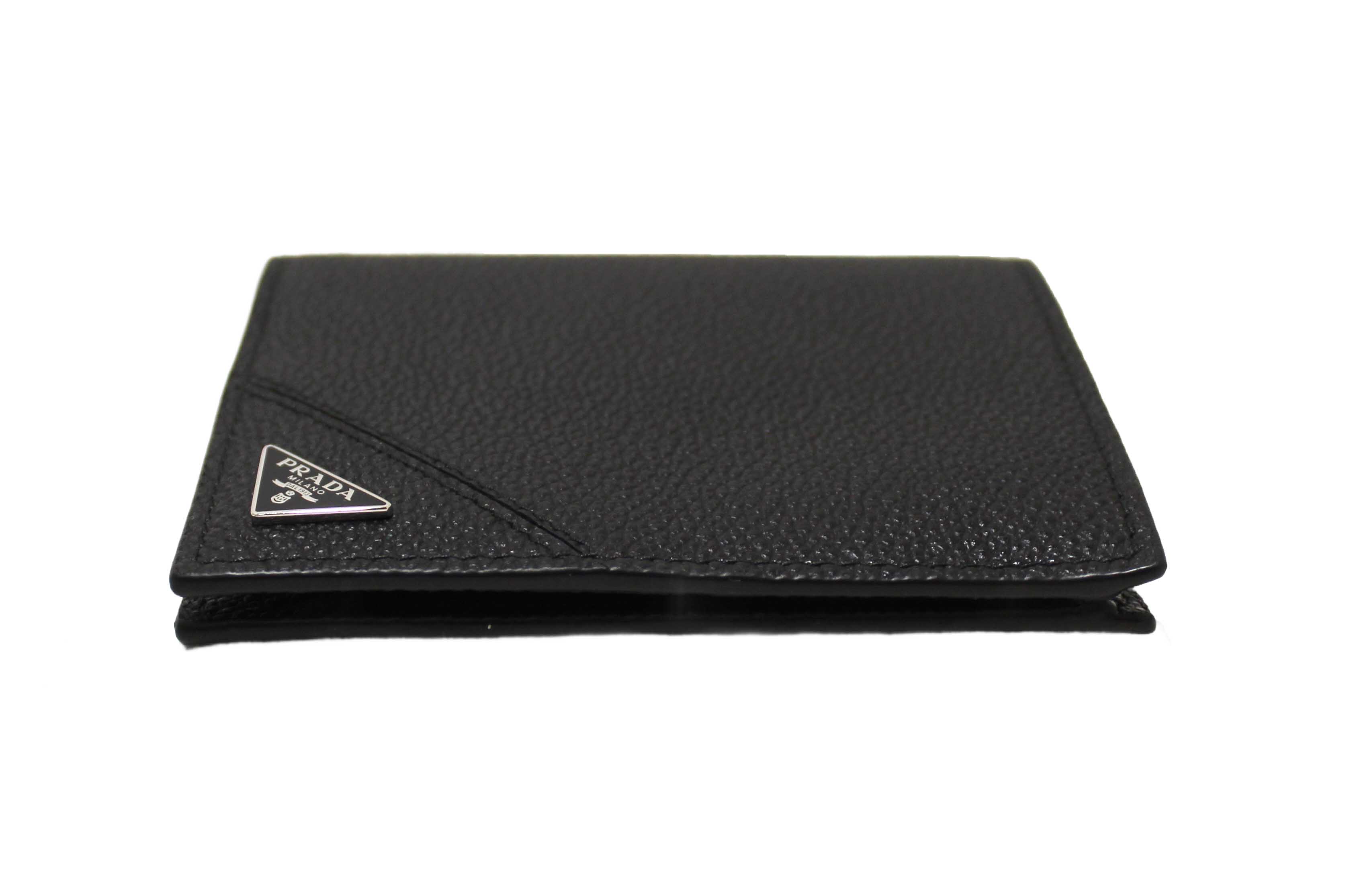 Authentic New Prada Black Calfskin Micro-Grained Leather Bifold Wallet