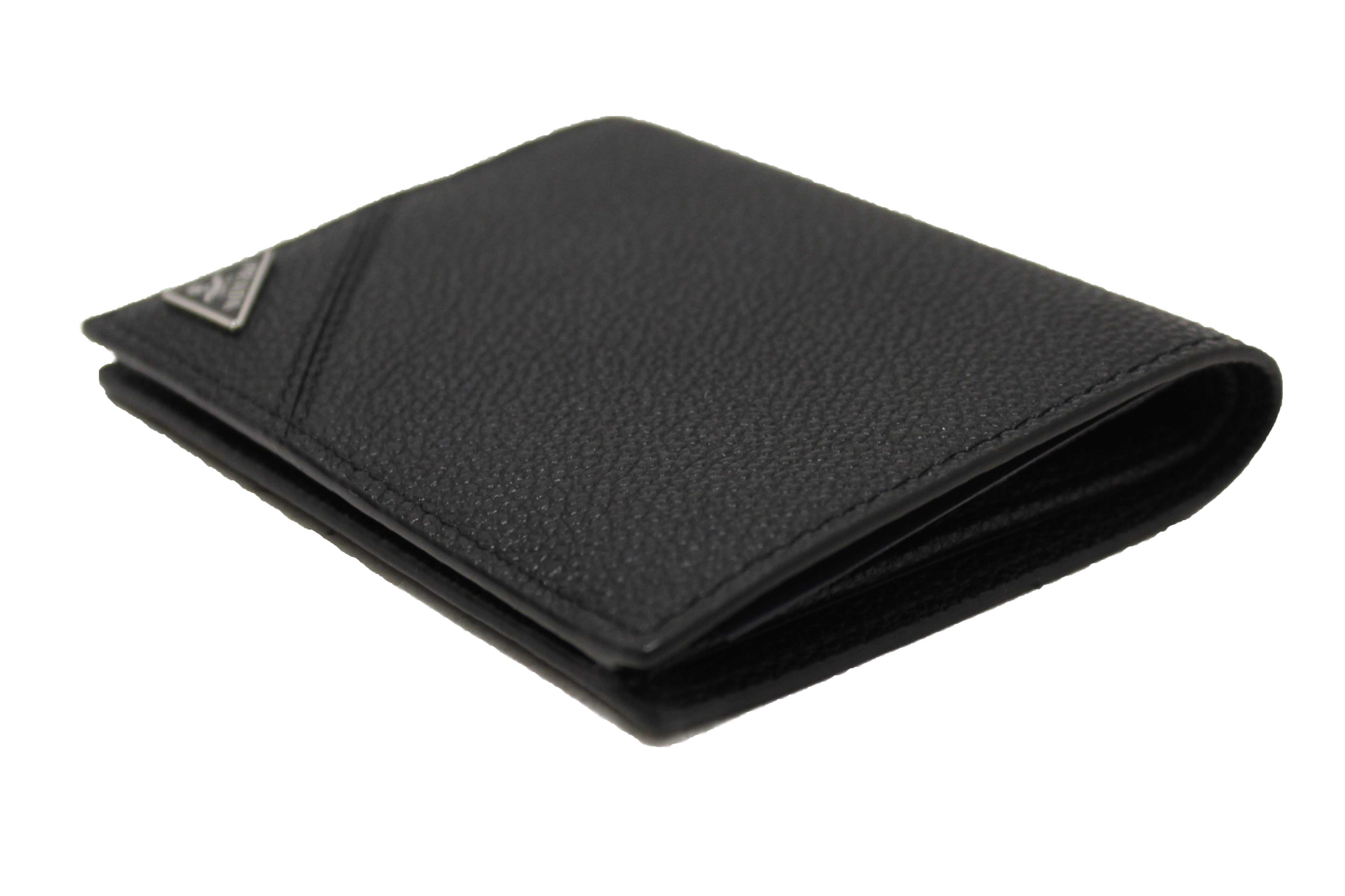 Authentic New Prada Black Calfskin Micro-Grained Leather Bifold Wallet