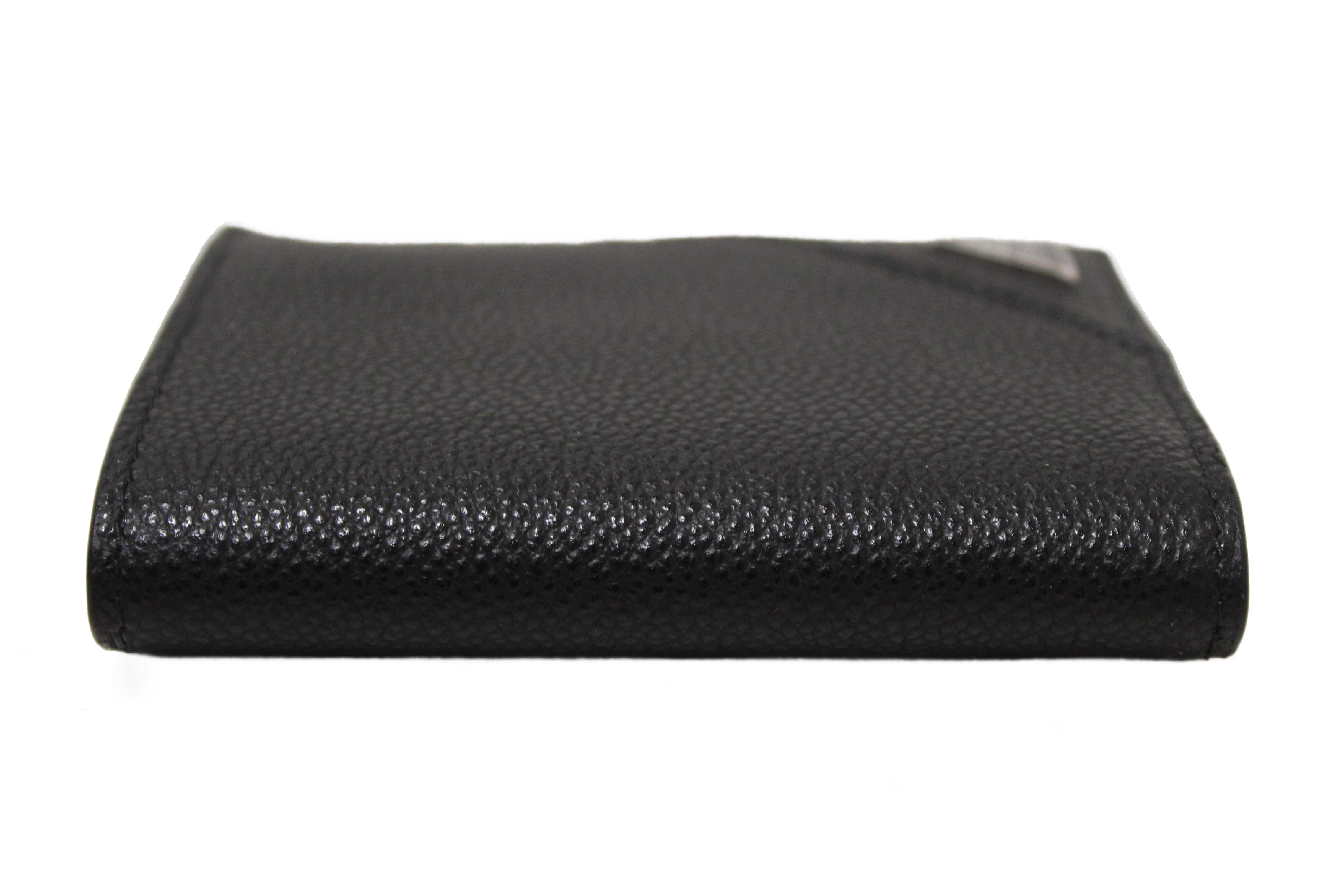 Authentic New Prada Black Calfskin Micro-Grained Leather Bifold Wallet