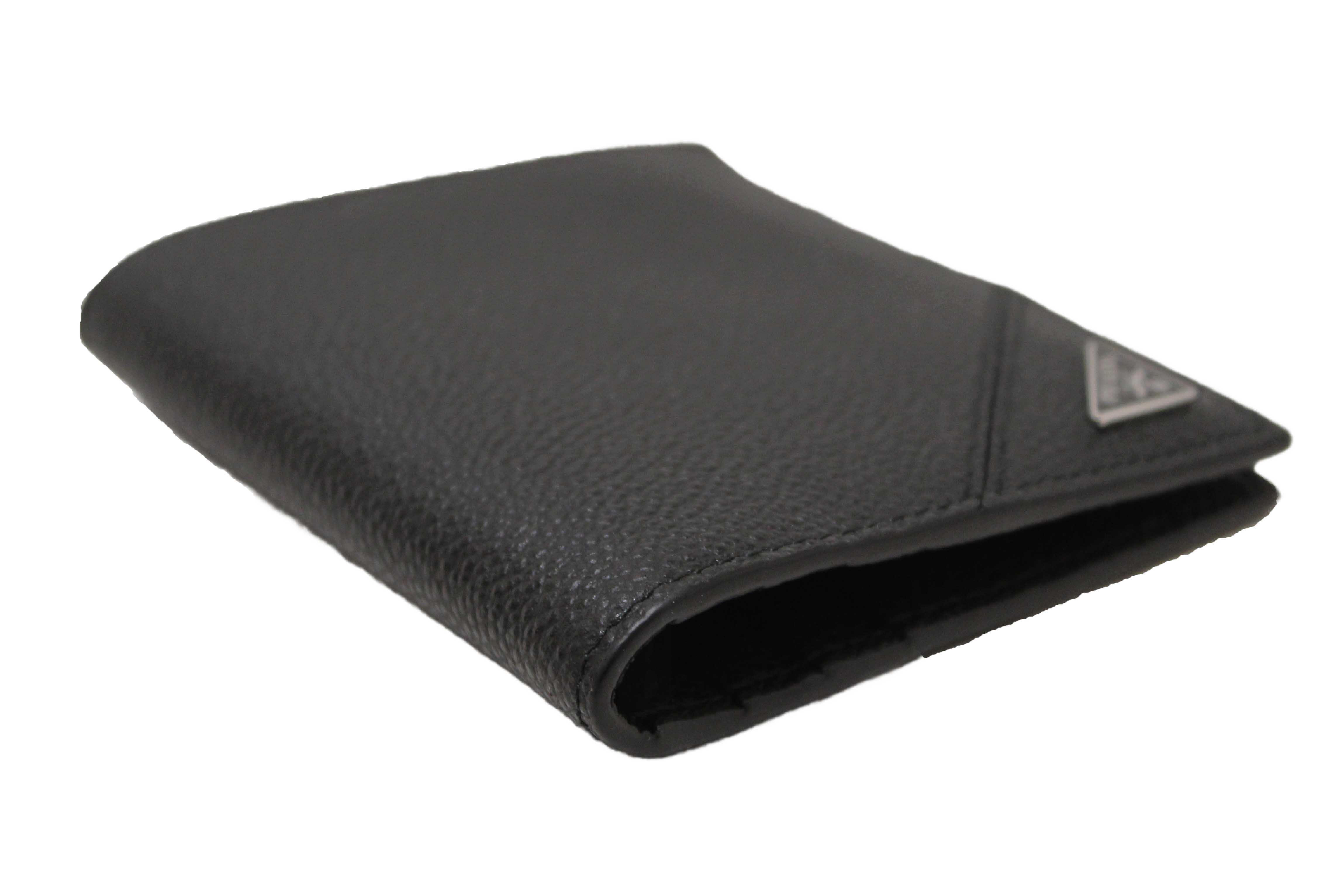 Authentic New Prada Black Calfskin Micro-Grained Leather Bifold Wallet
