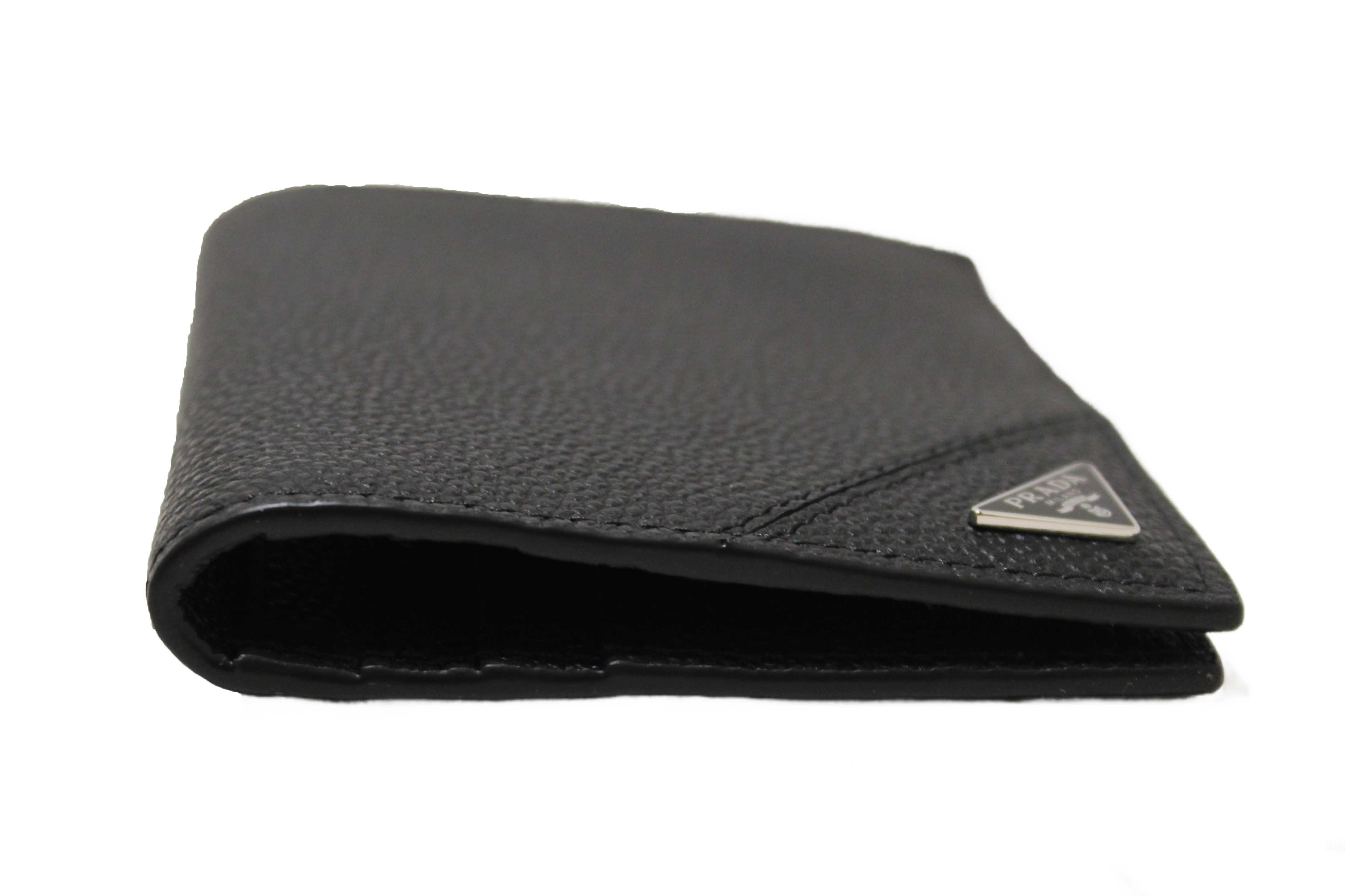 Authentic New Prada Black Calfskin Micro-Grained Leather Bifold Wallet
