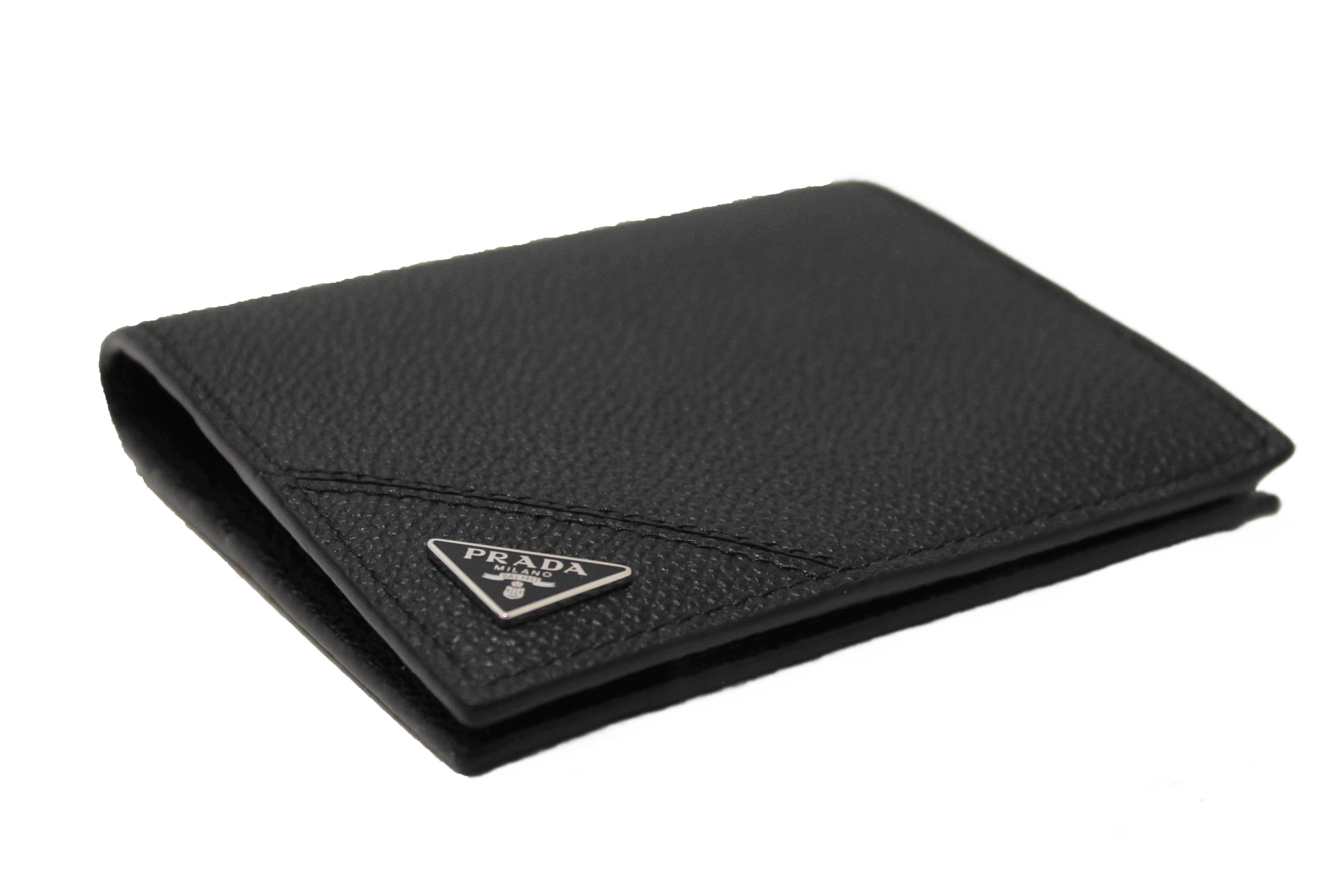Authentic New Prada Black Calfskin Micro-Grained Leather Bifold Wallet