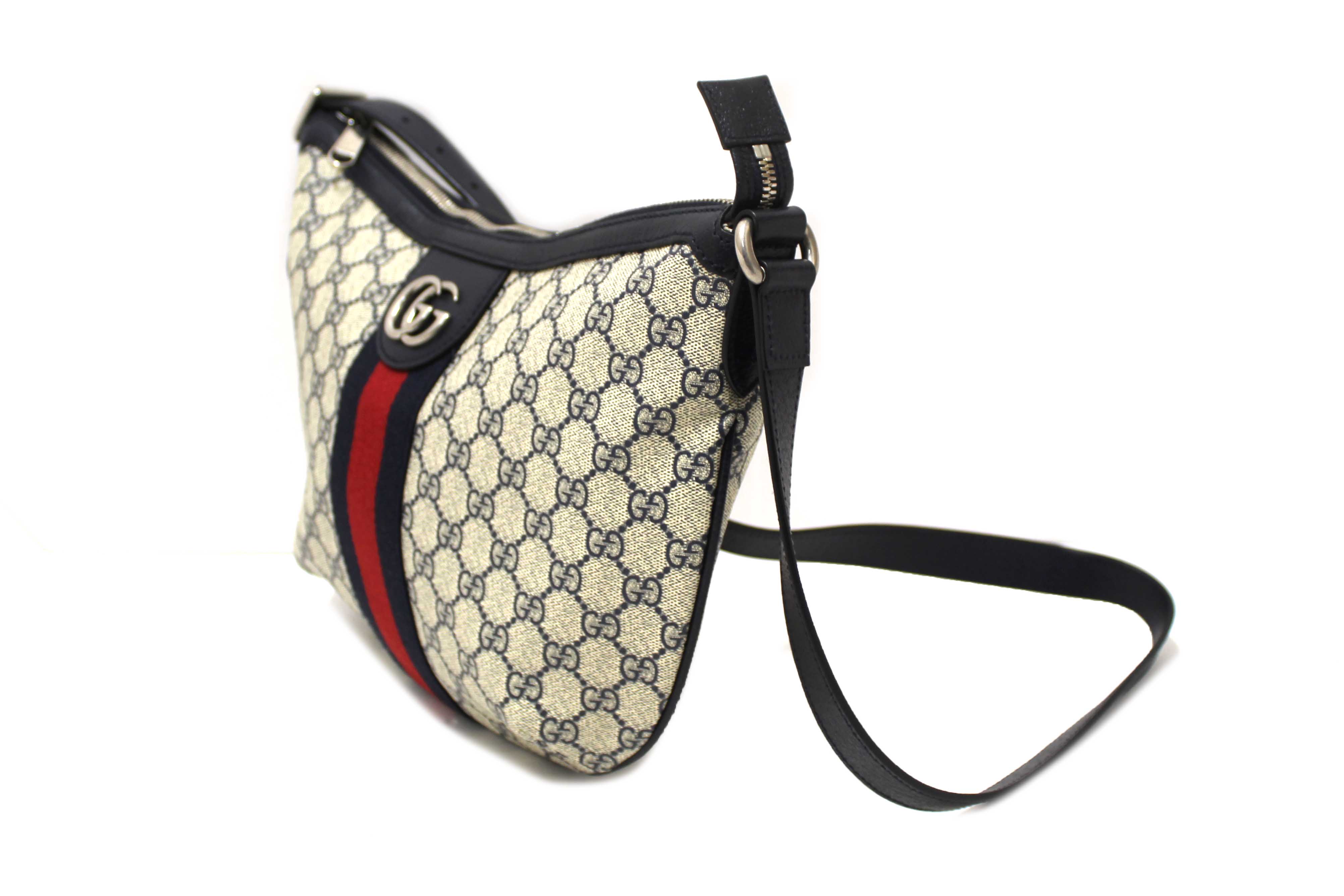 Authentic Gucci Blue GG Supreme Ophidia Medium Half-Moon