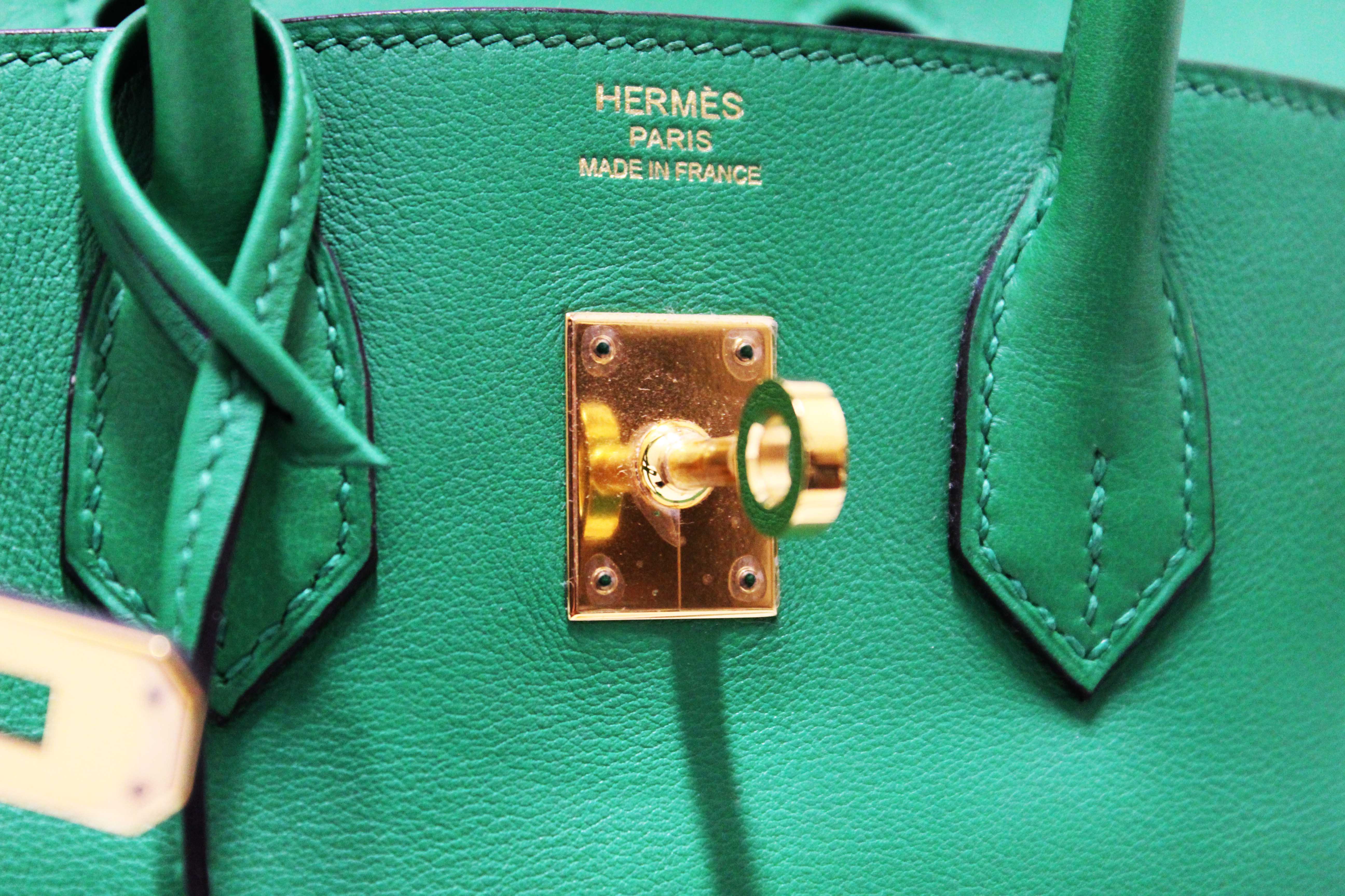 Authentic Hermes Menthe Swift Leather Gold Hardware Birkin 25 Handbag
