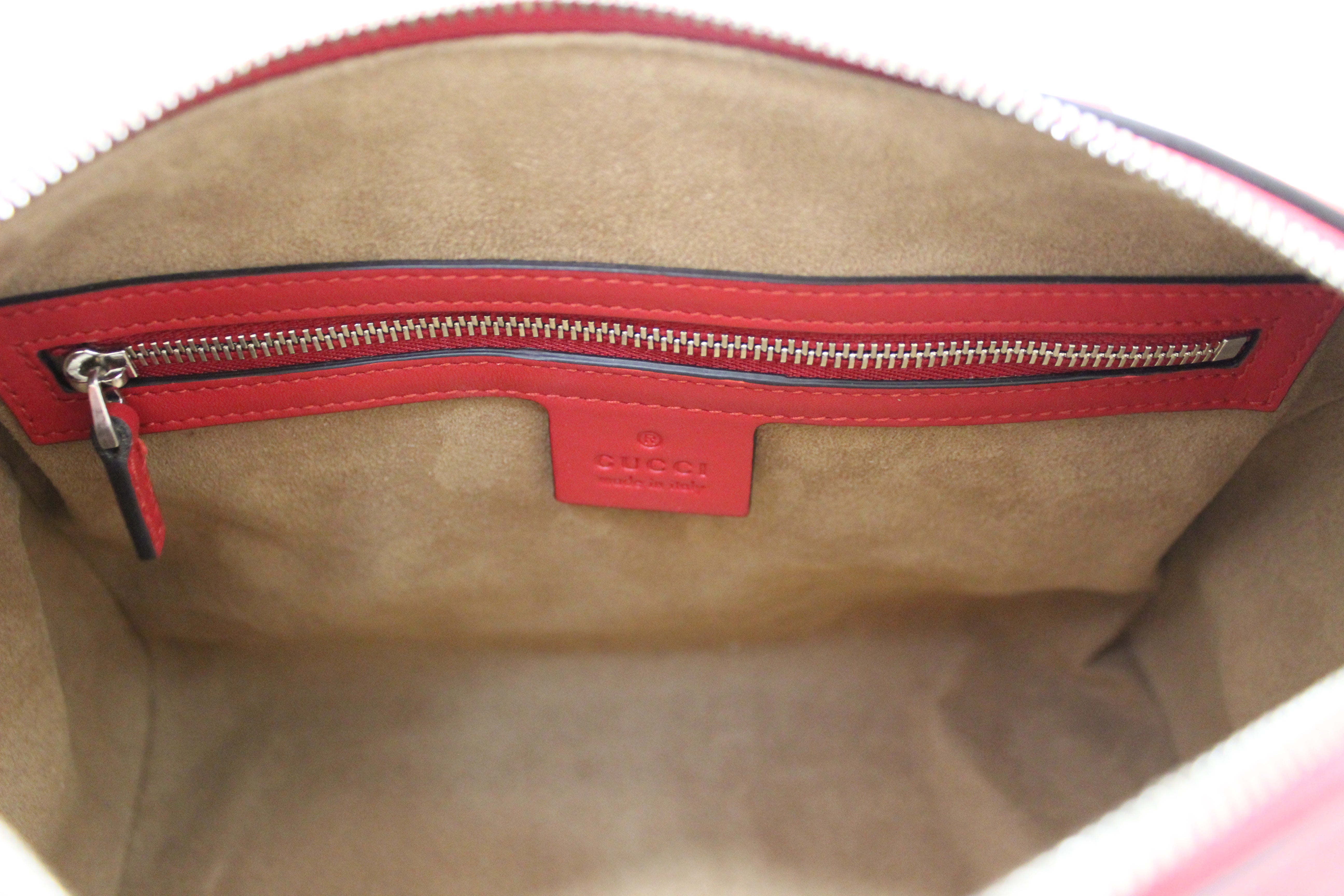 Authentic Gucci Brown GG Coated Canvas Supreme with Red Leather Arabesque Top Handle Small Boston Bag