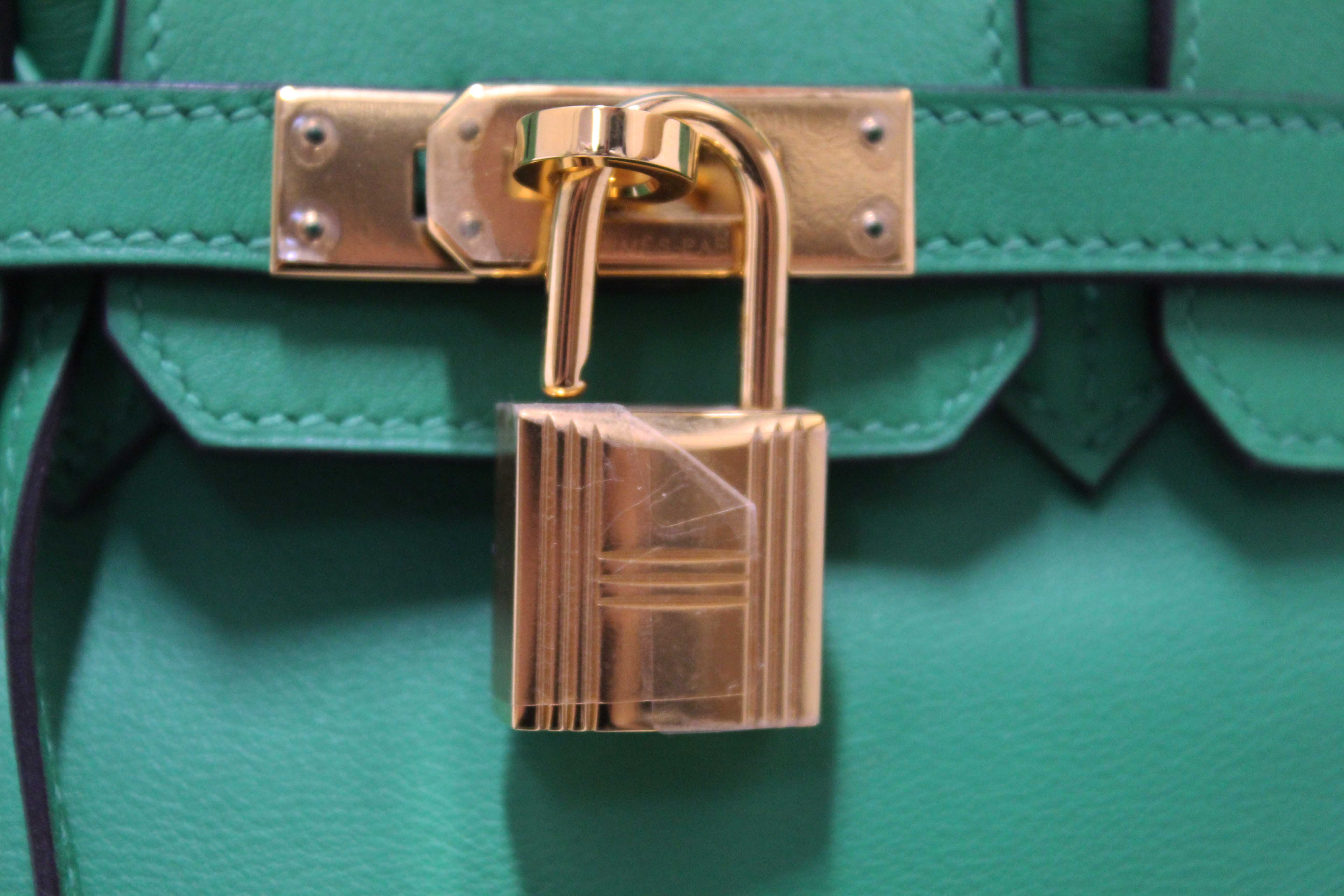Authentic Hermes Menthe Swift Leather Gold Hardware Birkin 25 Handbag