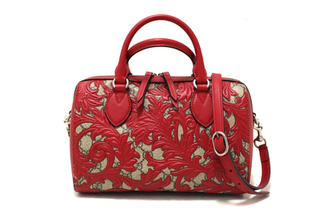 Authentic Gucci Brown GG Coated Canvas Supreme with Red Leather Arabesque Top Handle Small Boston Bag
