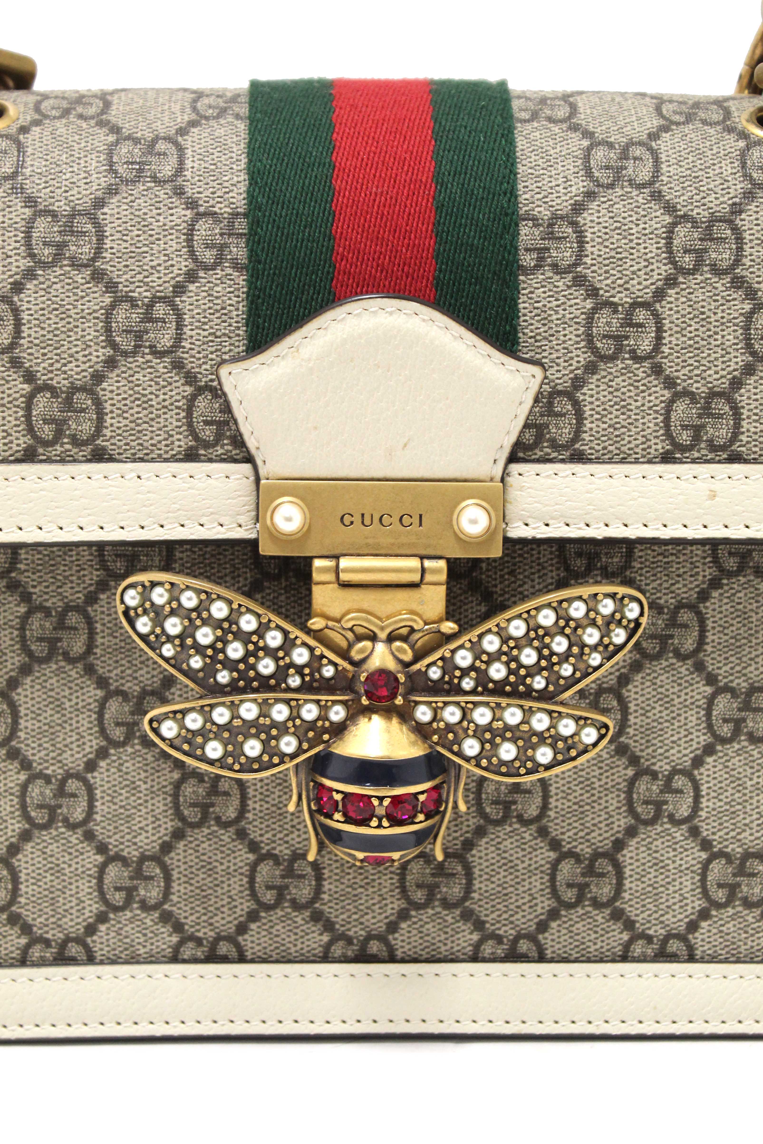 Authentic Gucci White GG Supreme Small Queen Margaret Top Handle Bag