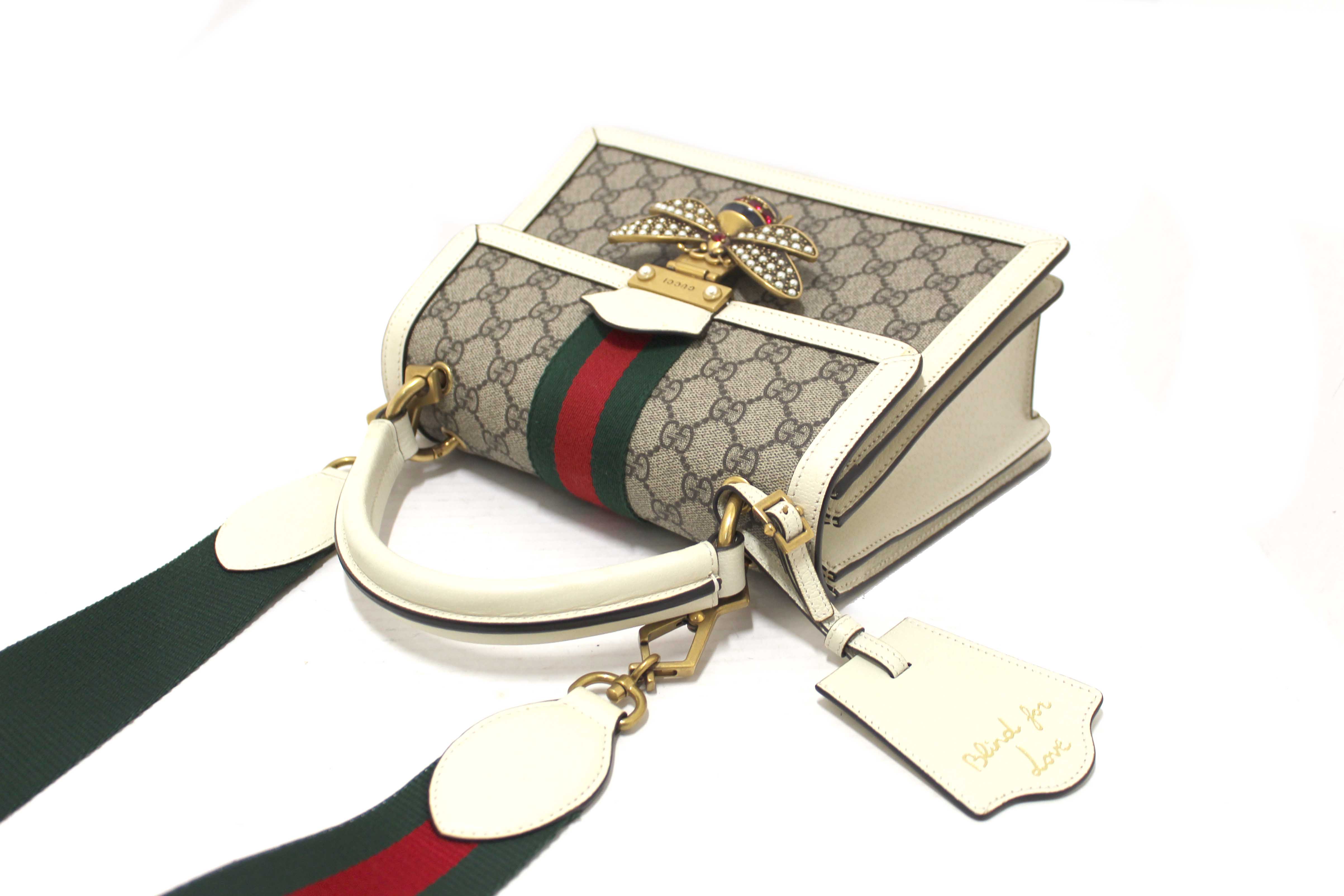 Authentic Gucci White GG Supreme Small Queen Margaret Top Handle Bag