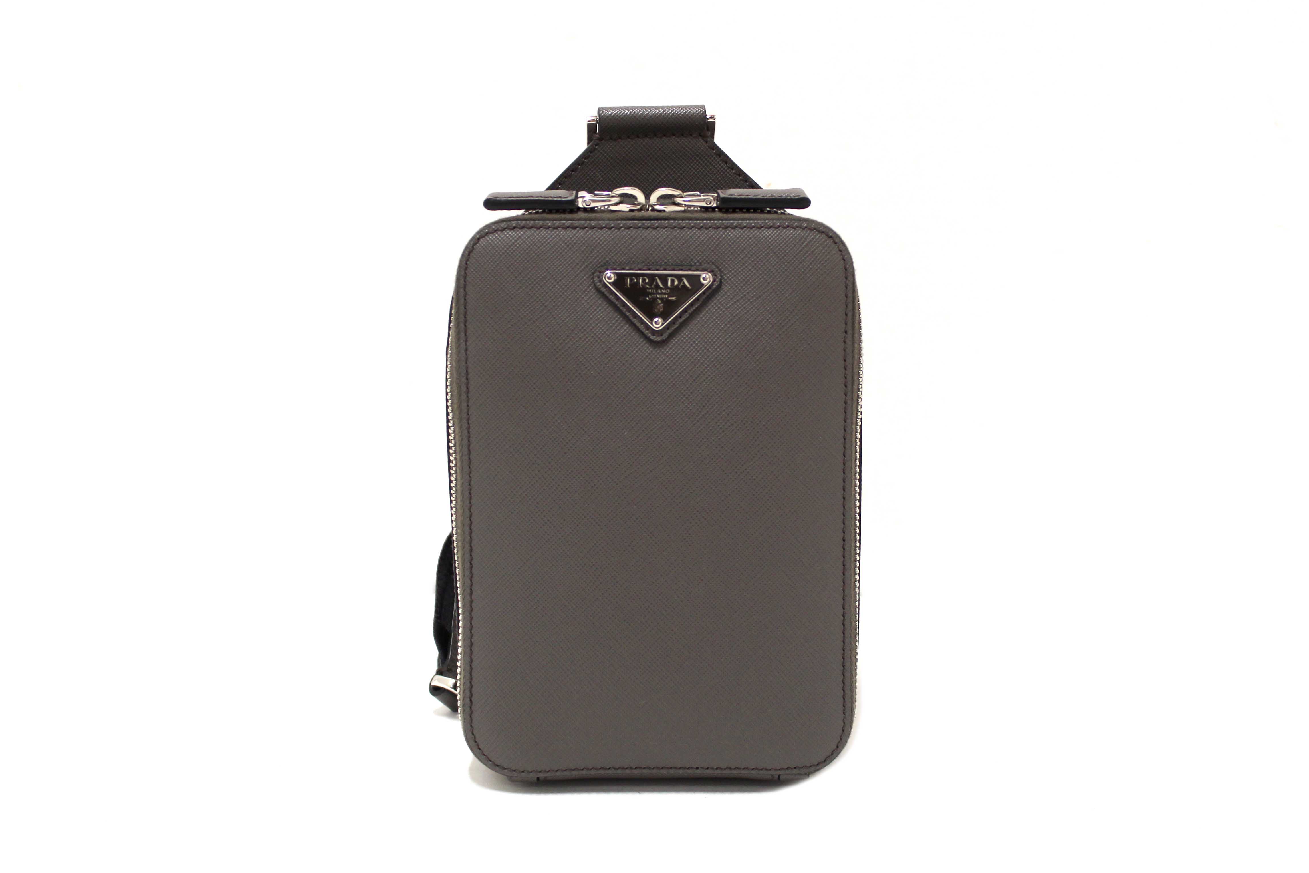Authentic Prada Grey Saffiano Leather Brique Shoulder Sling Bag
