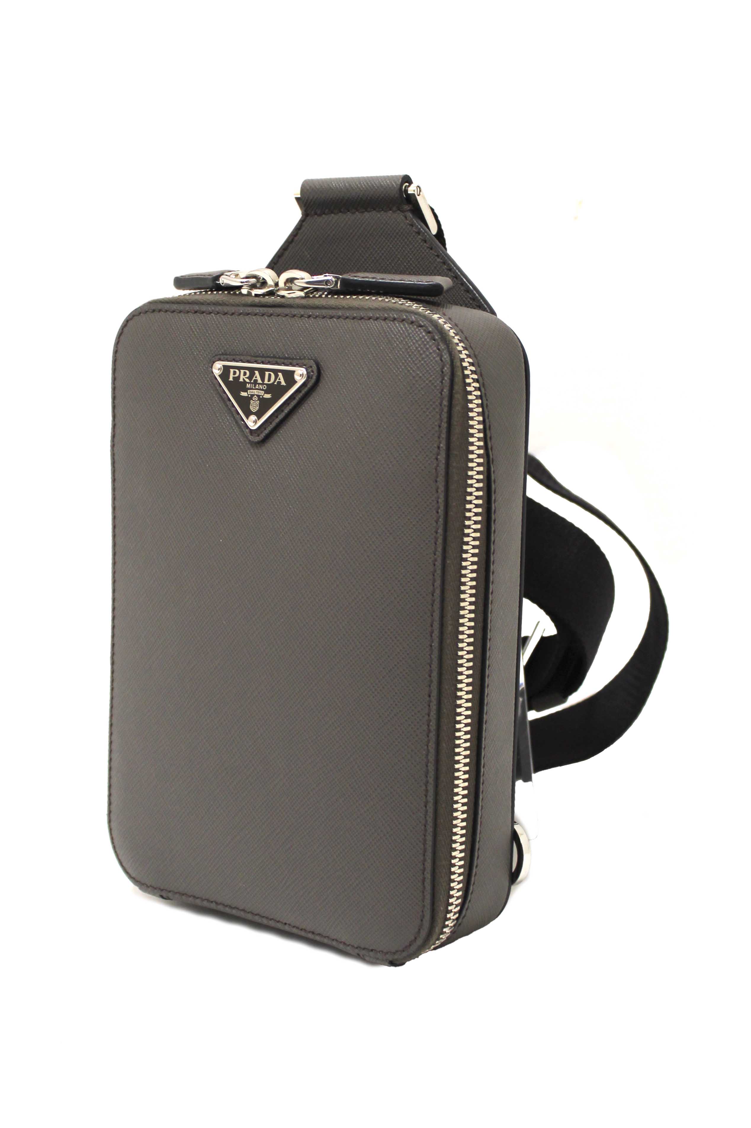 Authentic Prada Grey Saffiano Leather Brique Shoulder Sling Bag