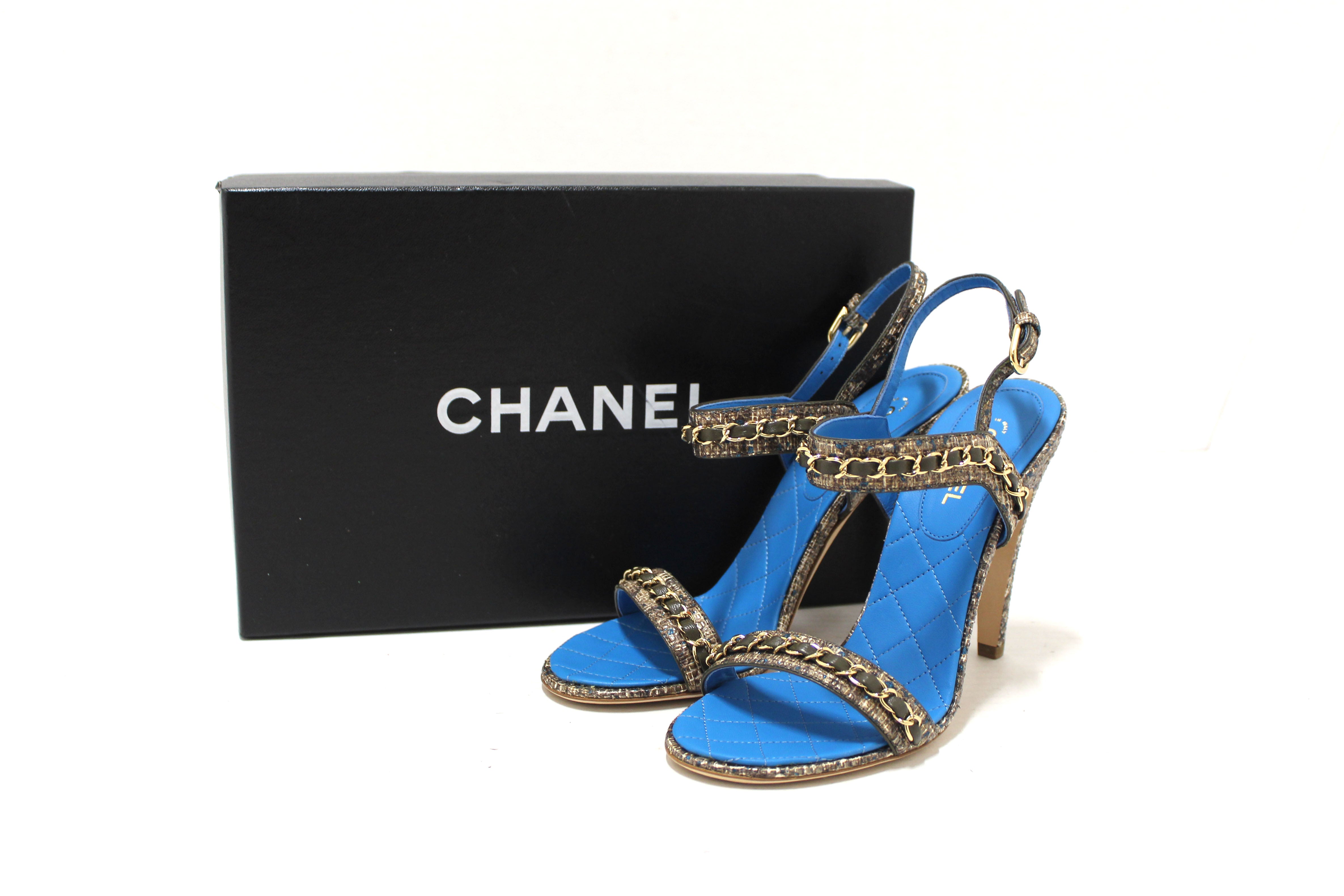 Authentic NEW Chanel Blue Leather and Tweed Chain Strap Sandal Heel Shoes Size 37