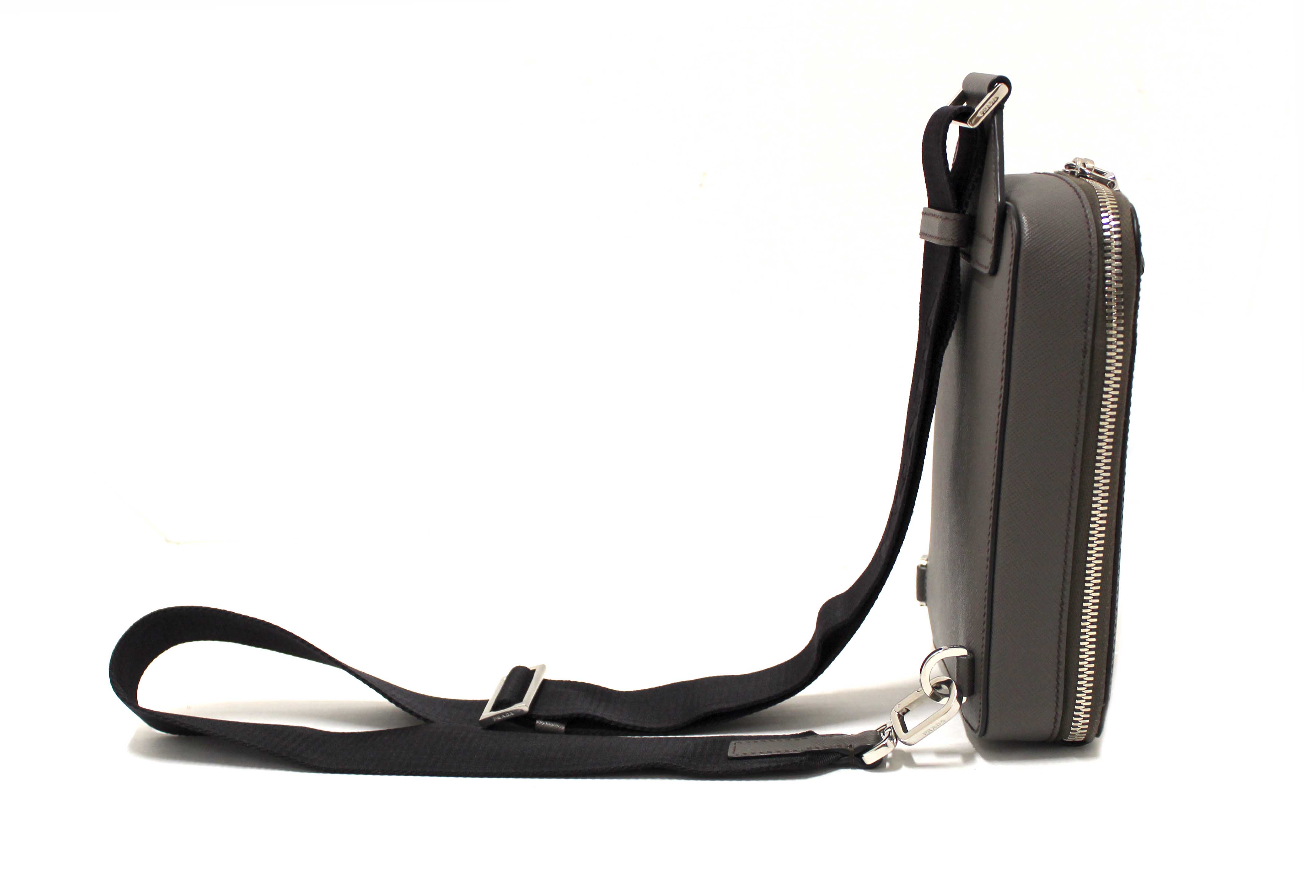 Authentic Prada Grey Saffiano Leather Brique Shoulder Sling Bag