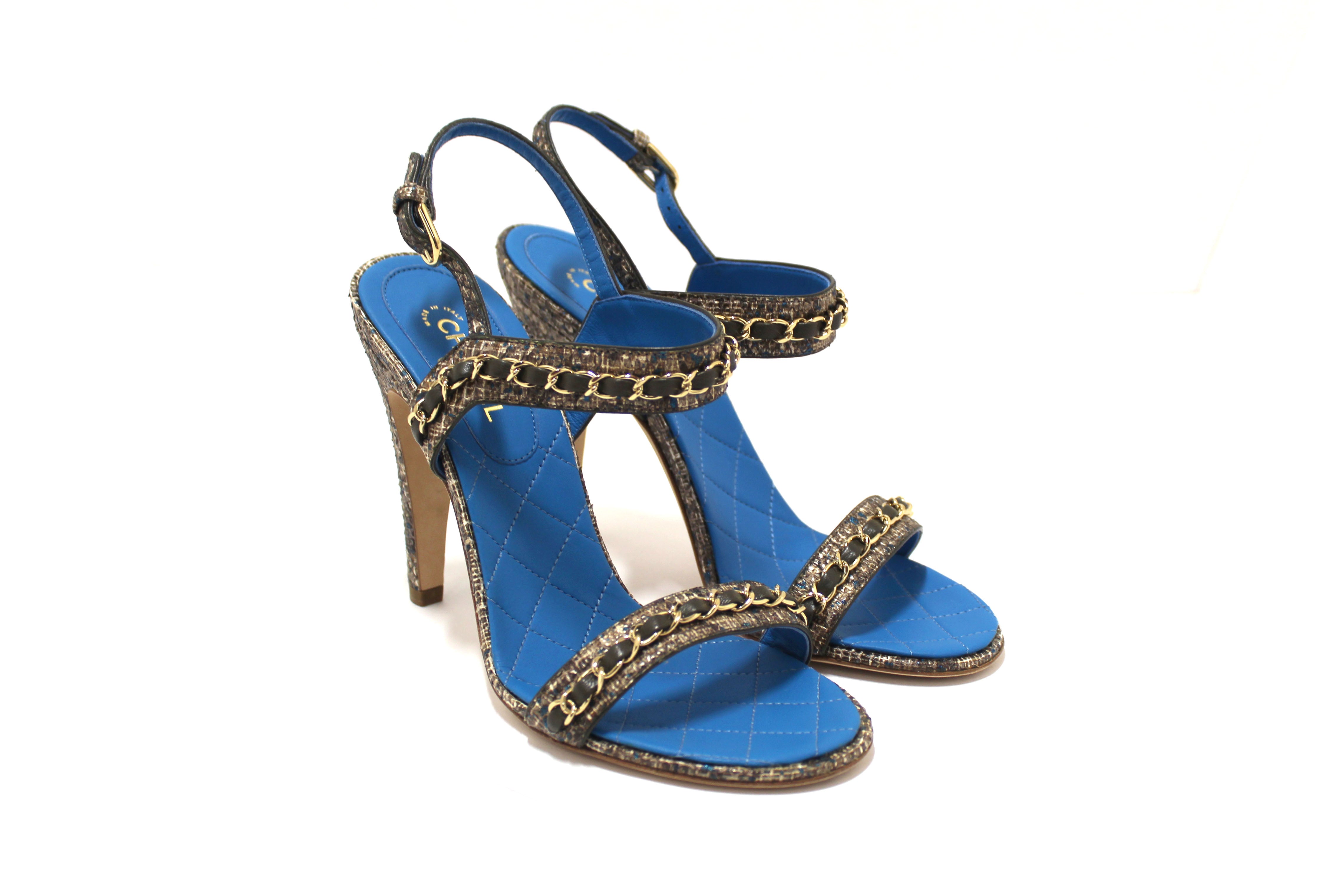 Authentic NEW Chanel Blue Leather and Tweed Chain Strap Sandal Heel Shoes Size 37