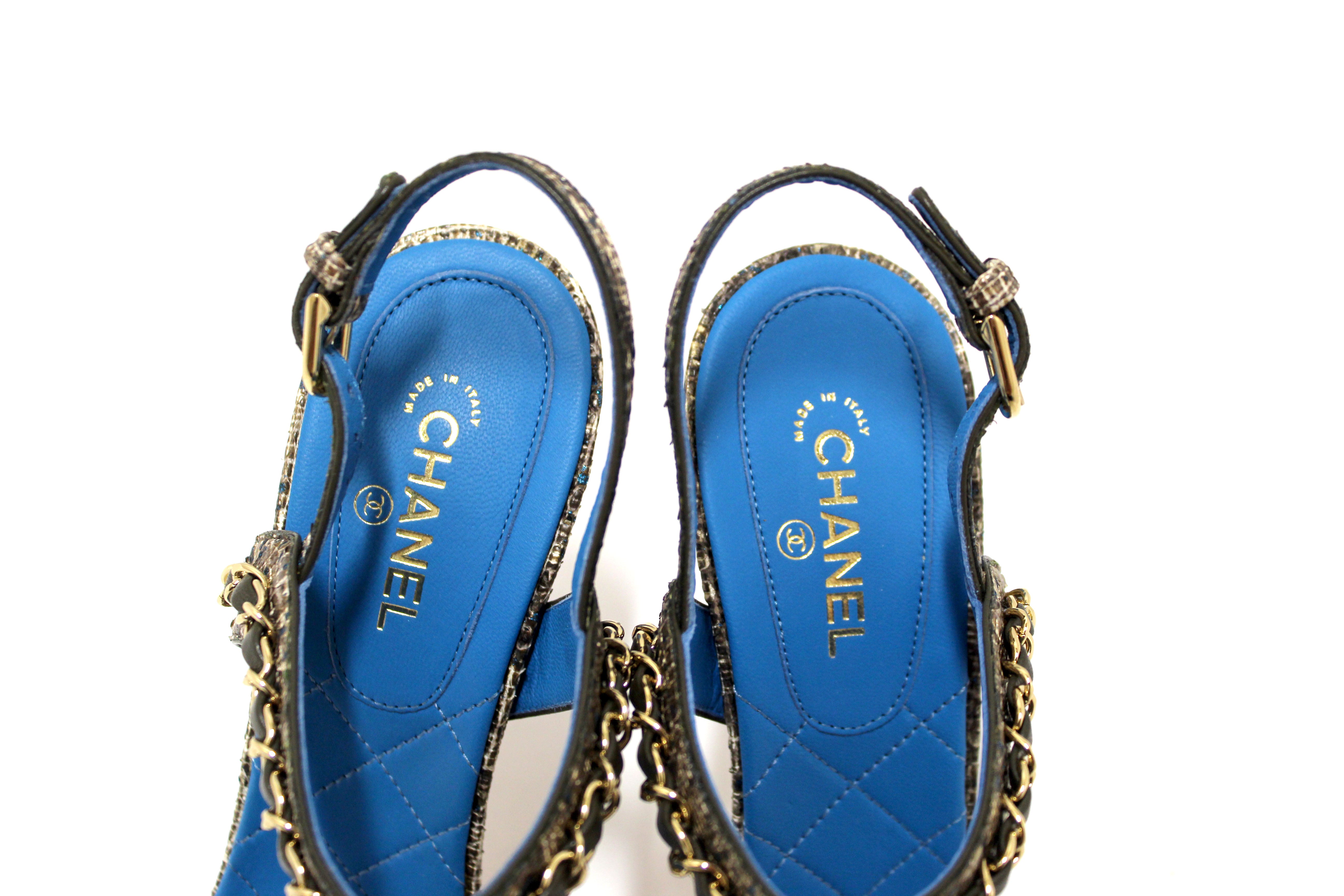 Authentic NEW Chanel Blue Leather and Tweed Chain Strap Sandal Heel Shoes Size 37