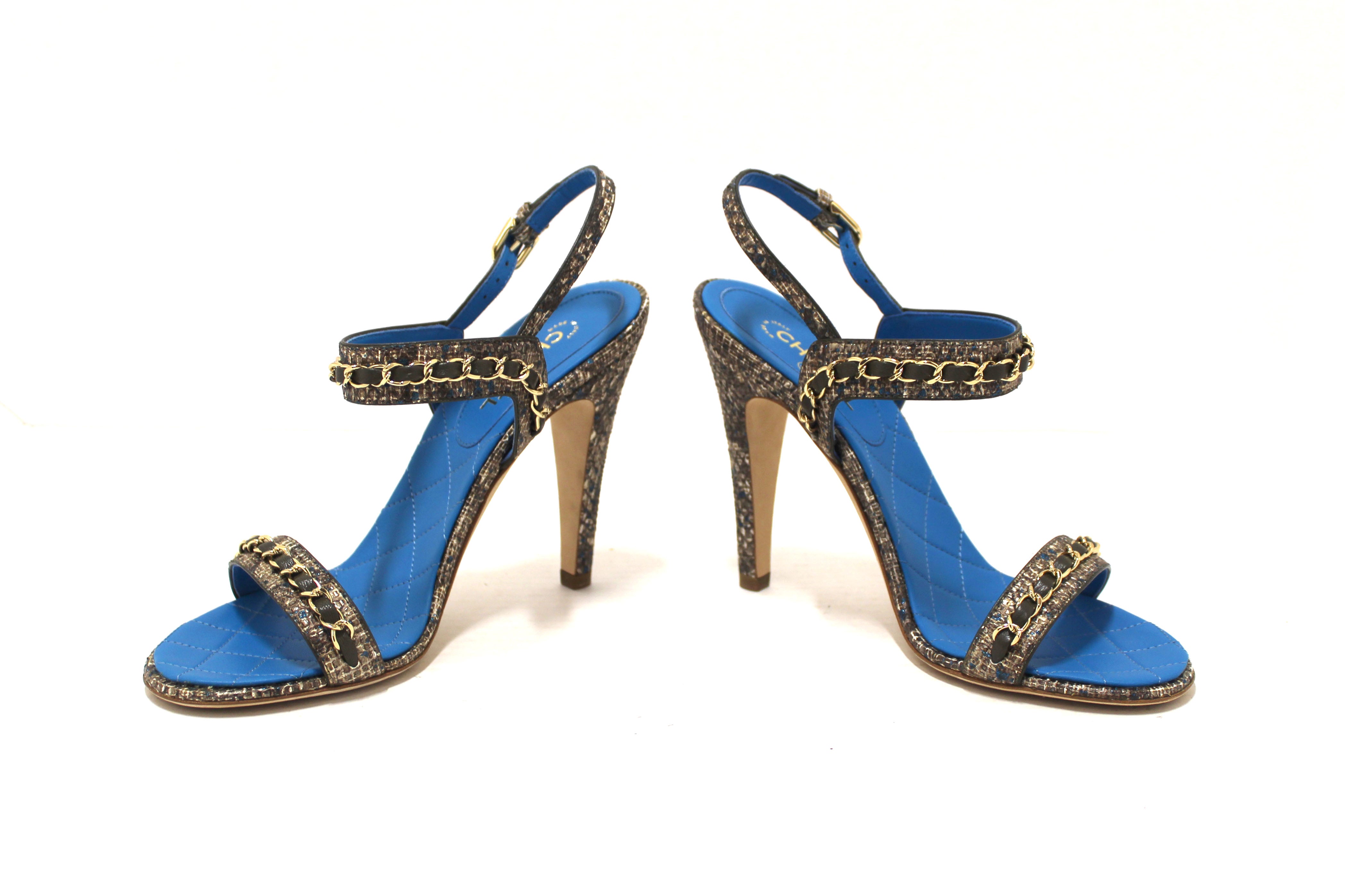 Authentic NEW Chanel Blue Leather and Tweed Chain Strap Sandal Heel Shoes Size 37