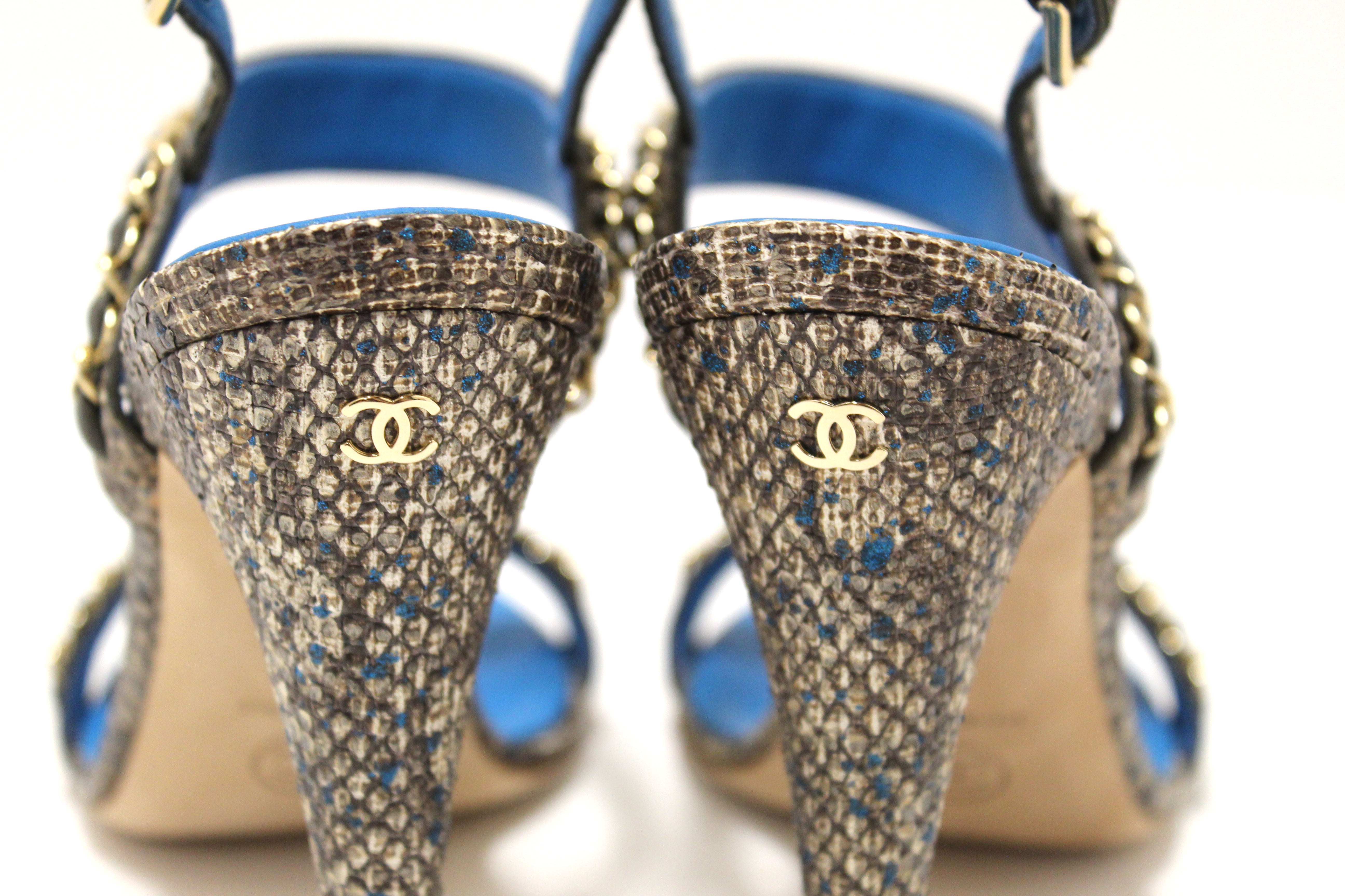 Authentic NEW Chanel Blue Leather and Tweed Chain Strap Sandal Heel Shoes Size 37