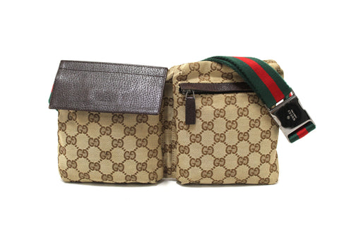 Authentic Gucci Vintage GG Monogram Web Double Pocket Belt Waist Bag 28566