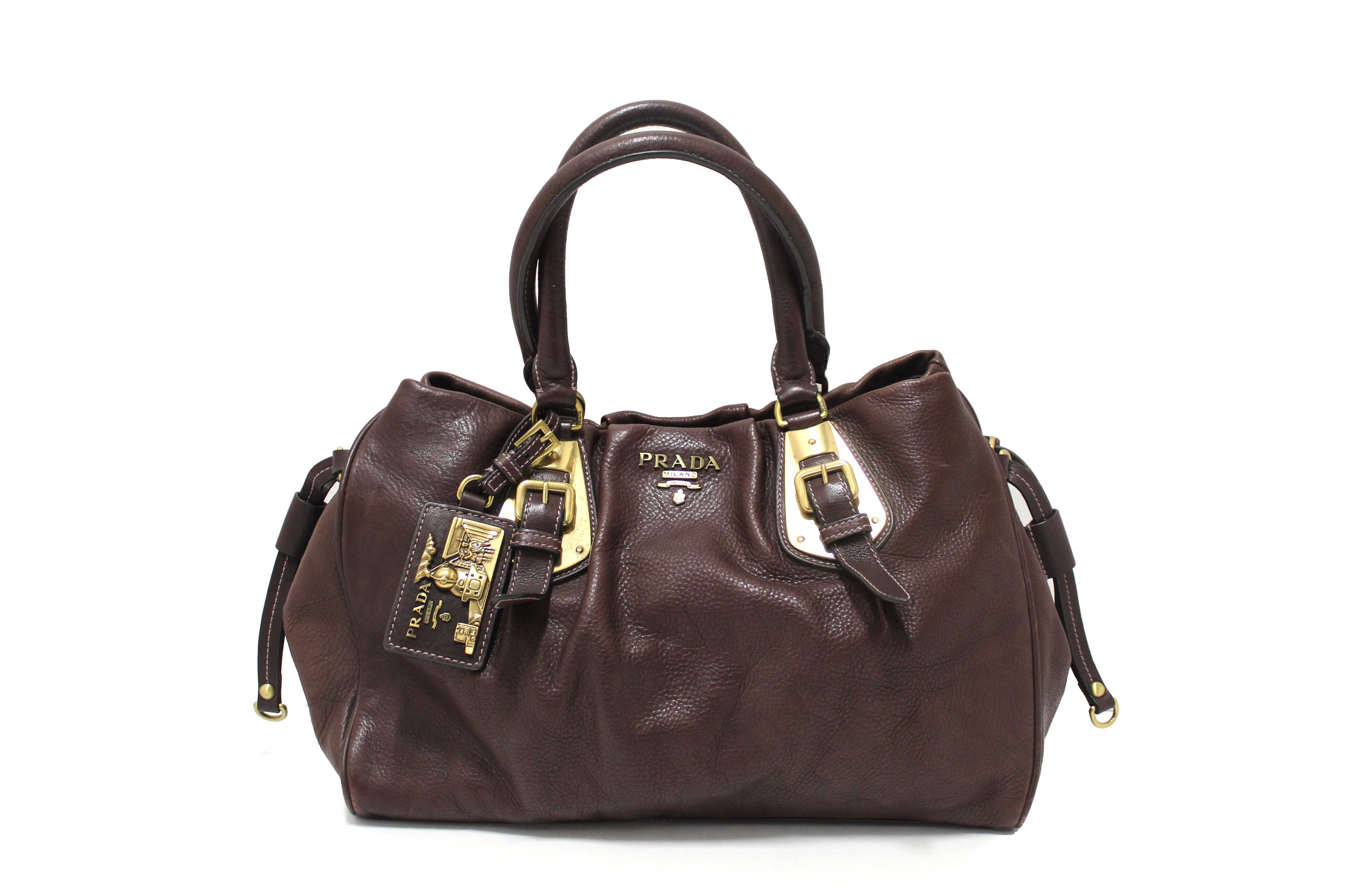 Authentic Prada Vintage Brown Leather Top Handle Shoulder Bag