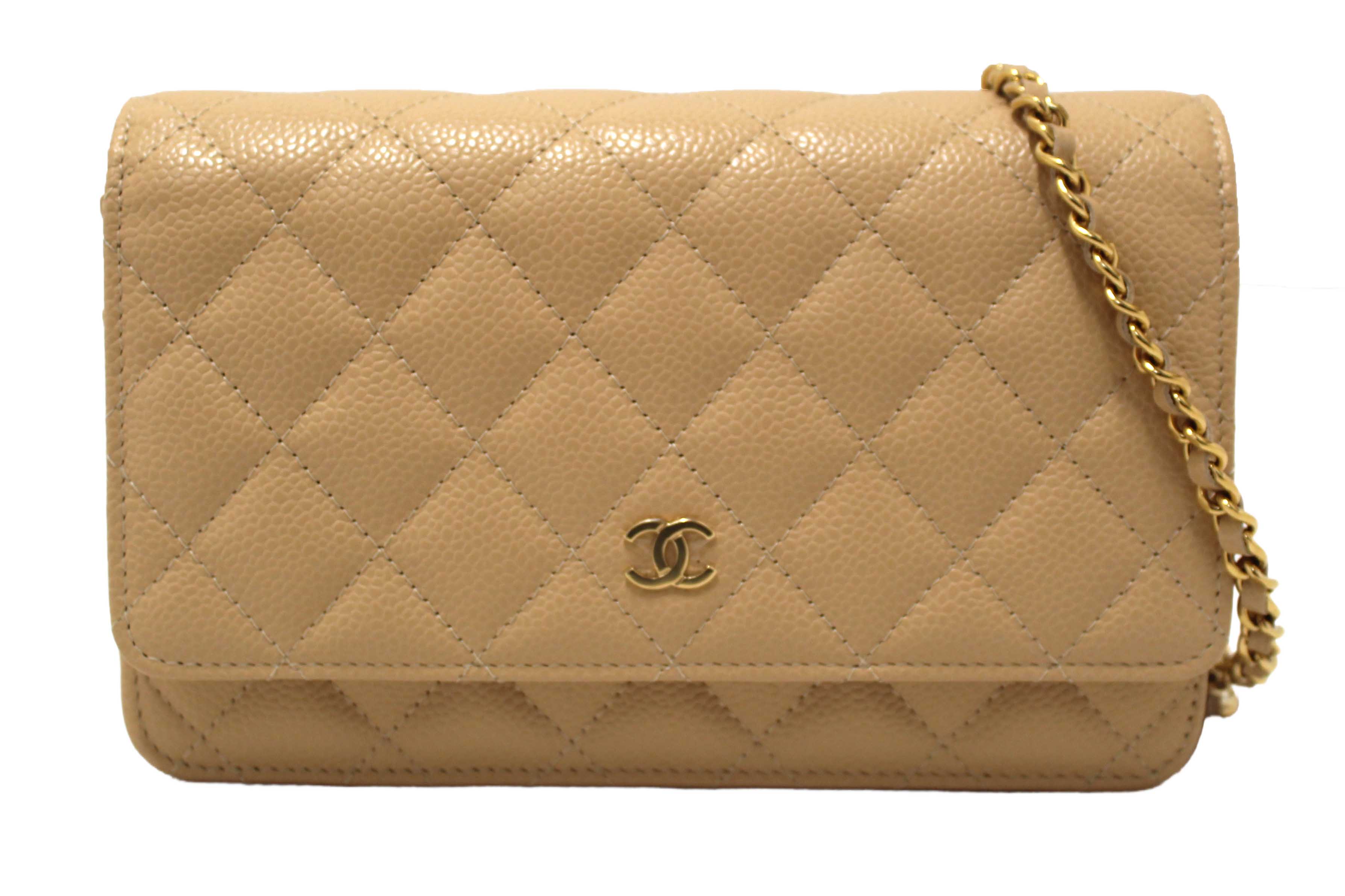 Authentic NEW Chanel Beige Quilted Caviar Leather Wallet On Chain